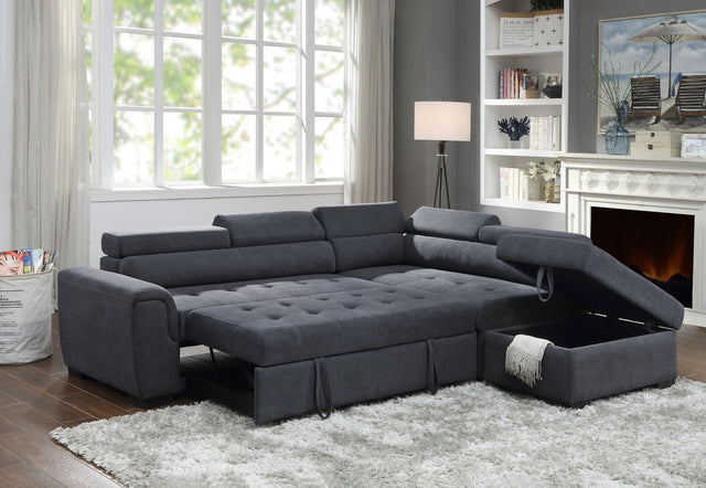 Haris - Fabric Sleeper Sofa Sectional With Adjustable Headrest And Storage Ottoman - Dark Gray by Lilola Home | Bel Furniture