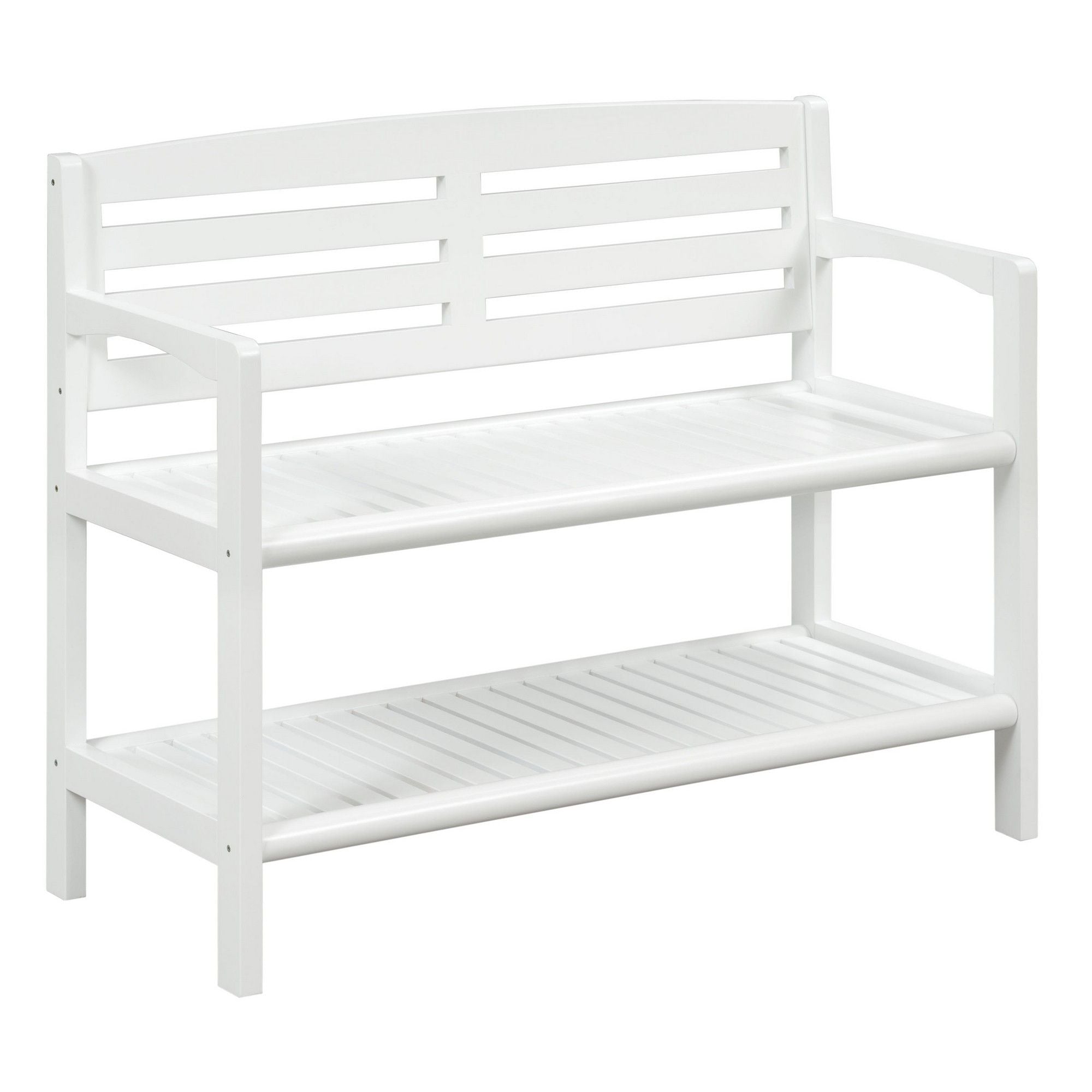 Solid Wood Slat Bench With High Back And Shelf - White