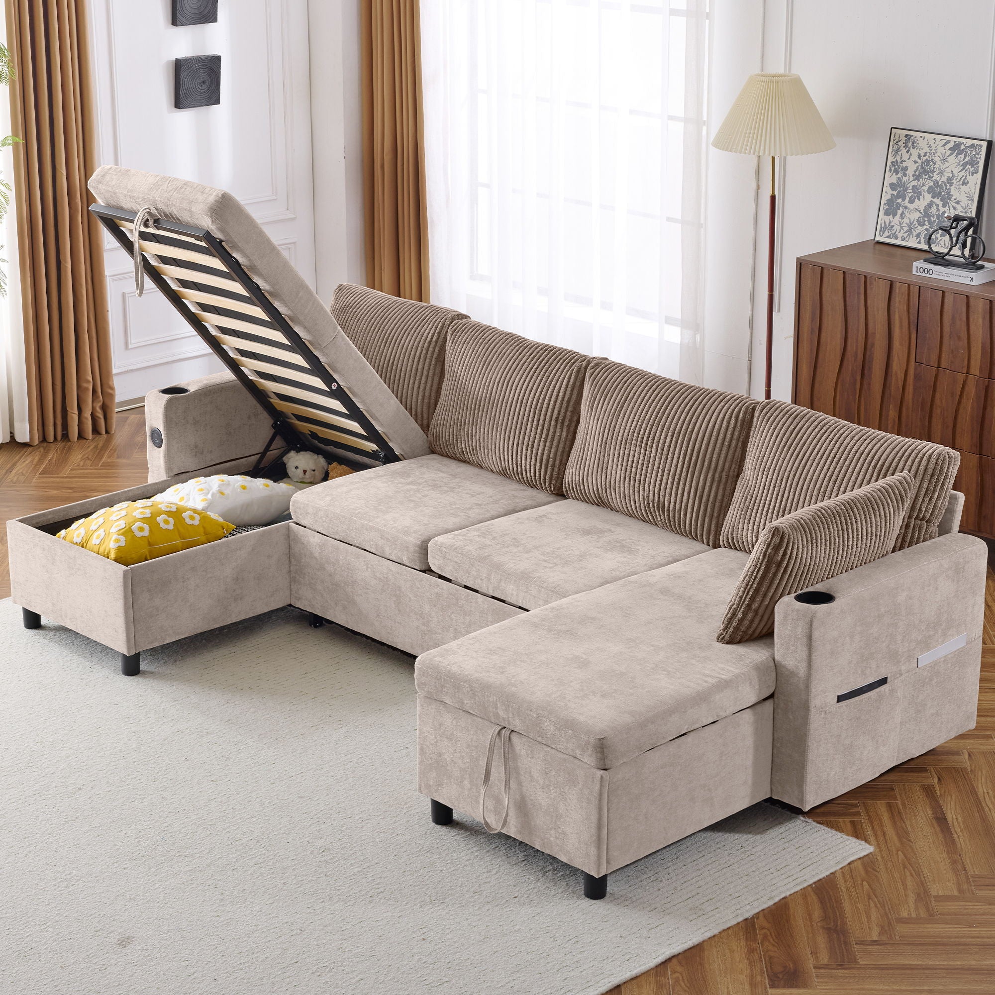 Sectional Sofa Pull Out Sofa Bed Versatile Sofa Sleeper With Large Storage Space, Two USB Ports And Two Cup Holders For Living Room