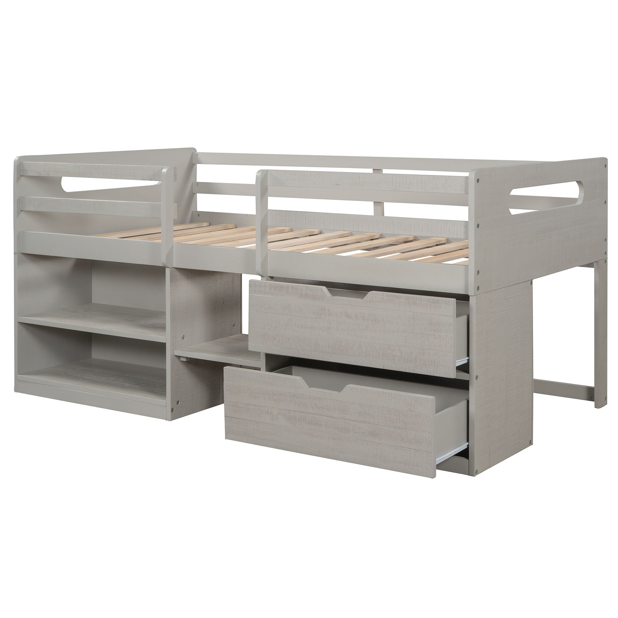 Twin Size Loft Bed With Two Shelves And Two Drawers