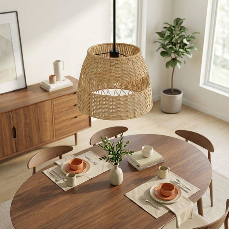 Essence - Single Lights Pendant With Shade - Black / Rattan - view 7