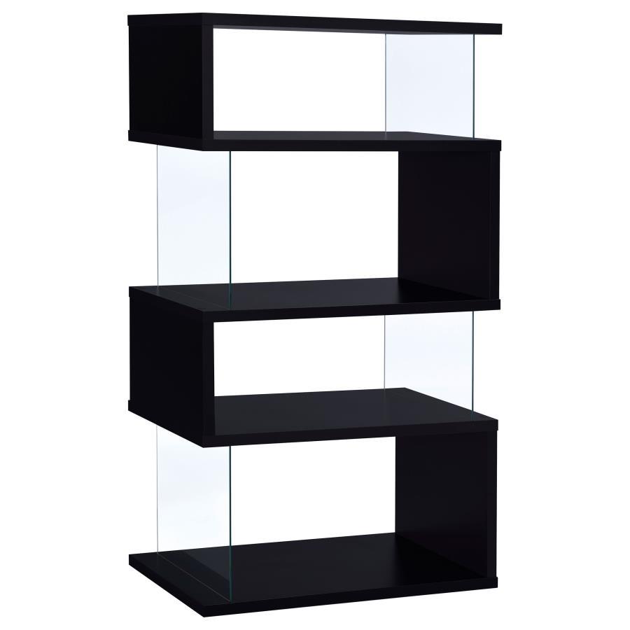 Emelle - 4-Shelf Glass Panel Bookshelf Black by CoasterEveryday | Bel Furniture