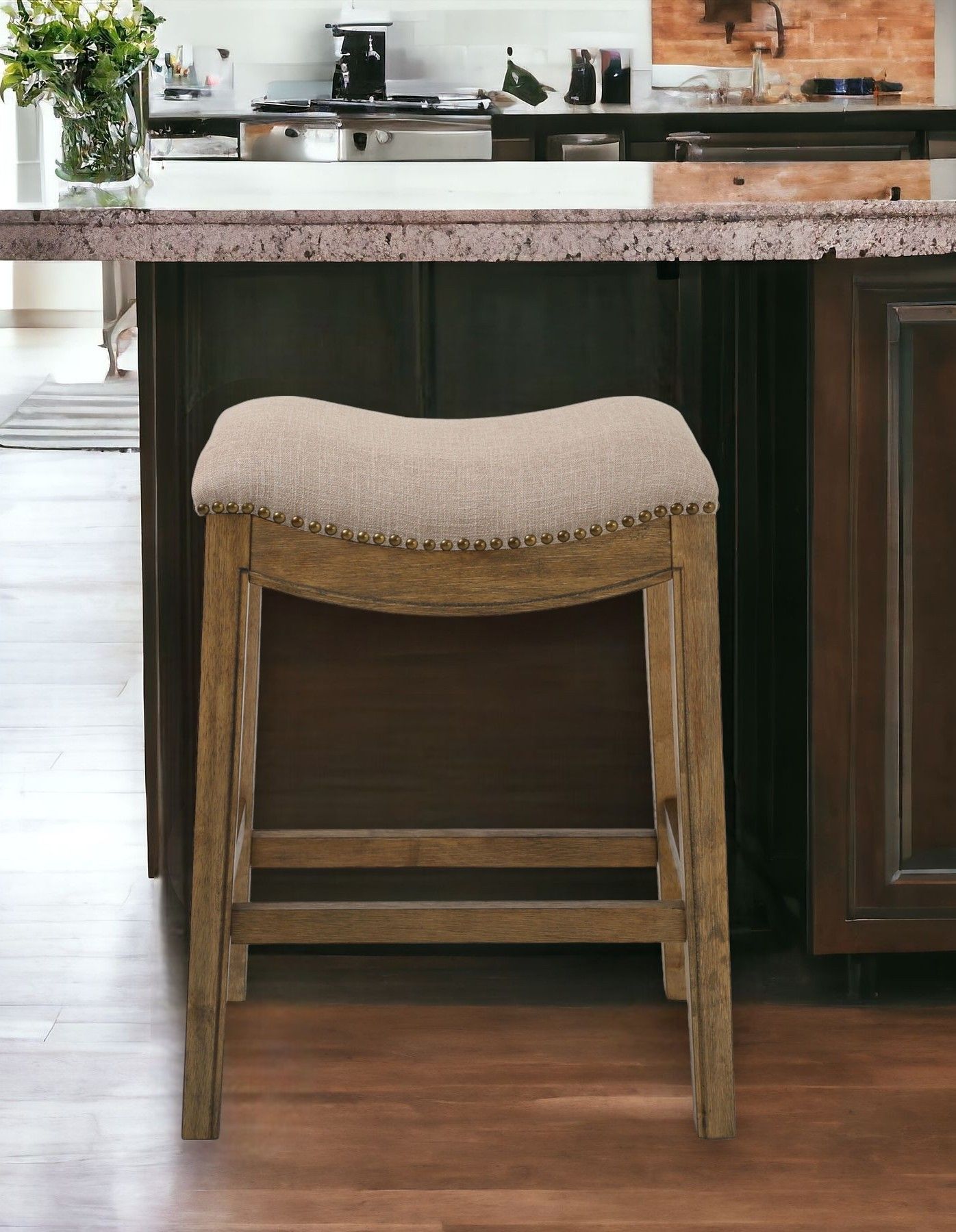 Wood Backless Counter Height Bar Chair - Cream / Brown