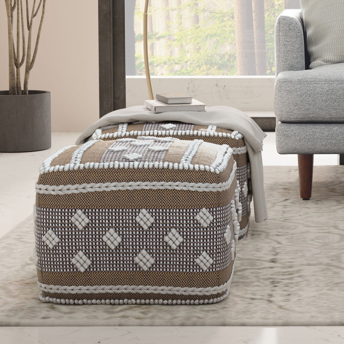 Mapleton - Outdoor / Indoor Pouf - Beige Gray / White by Simpli-Home | Bel Furniture