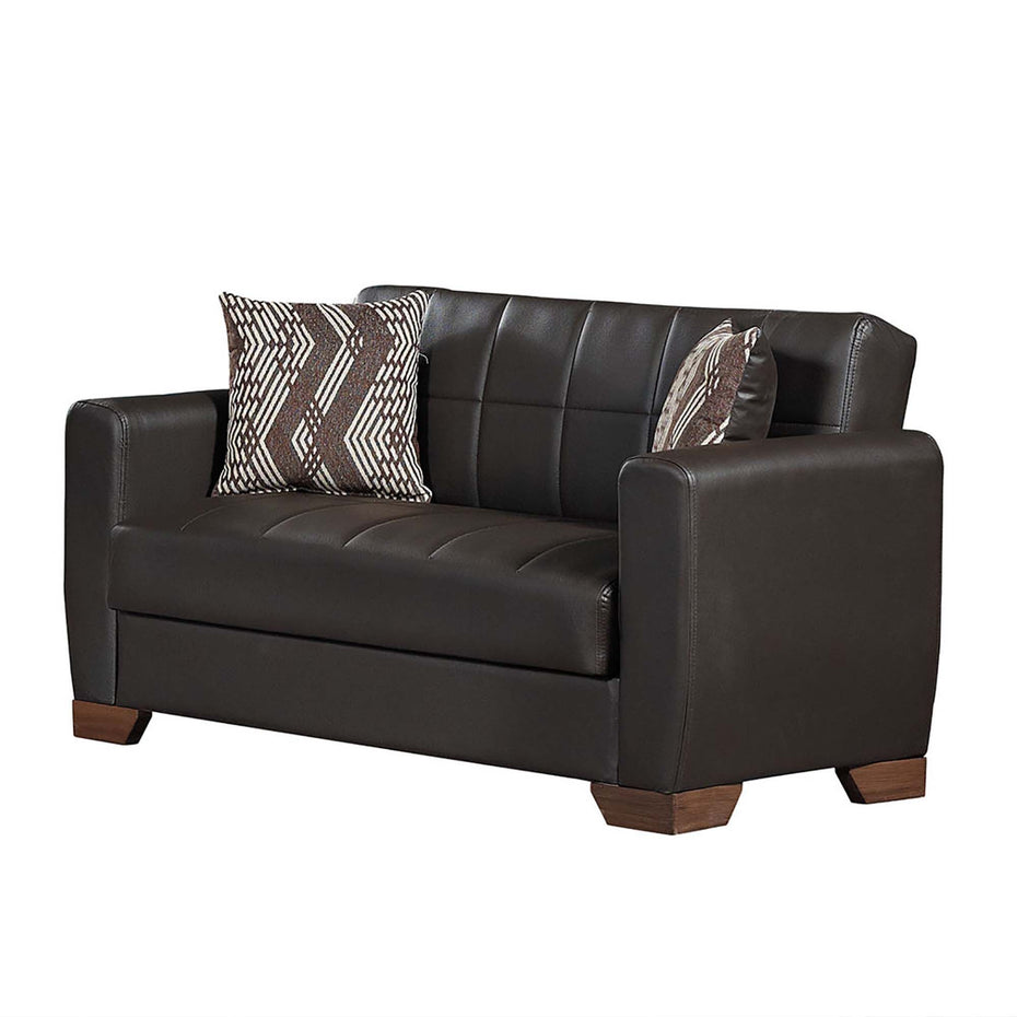 Faux Leather Futon Convertible Sleeper Love Seat With Storage And Toss Pillows - Brown