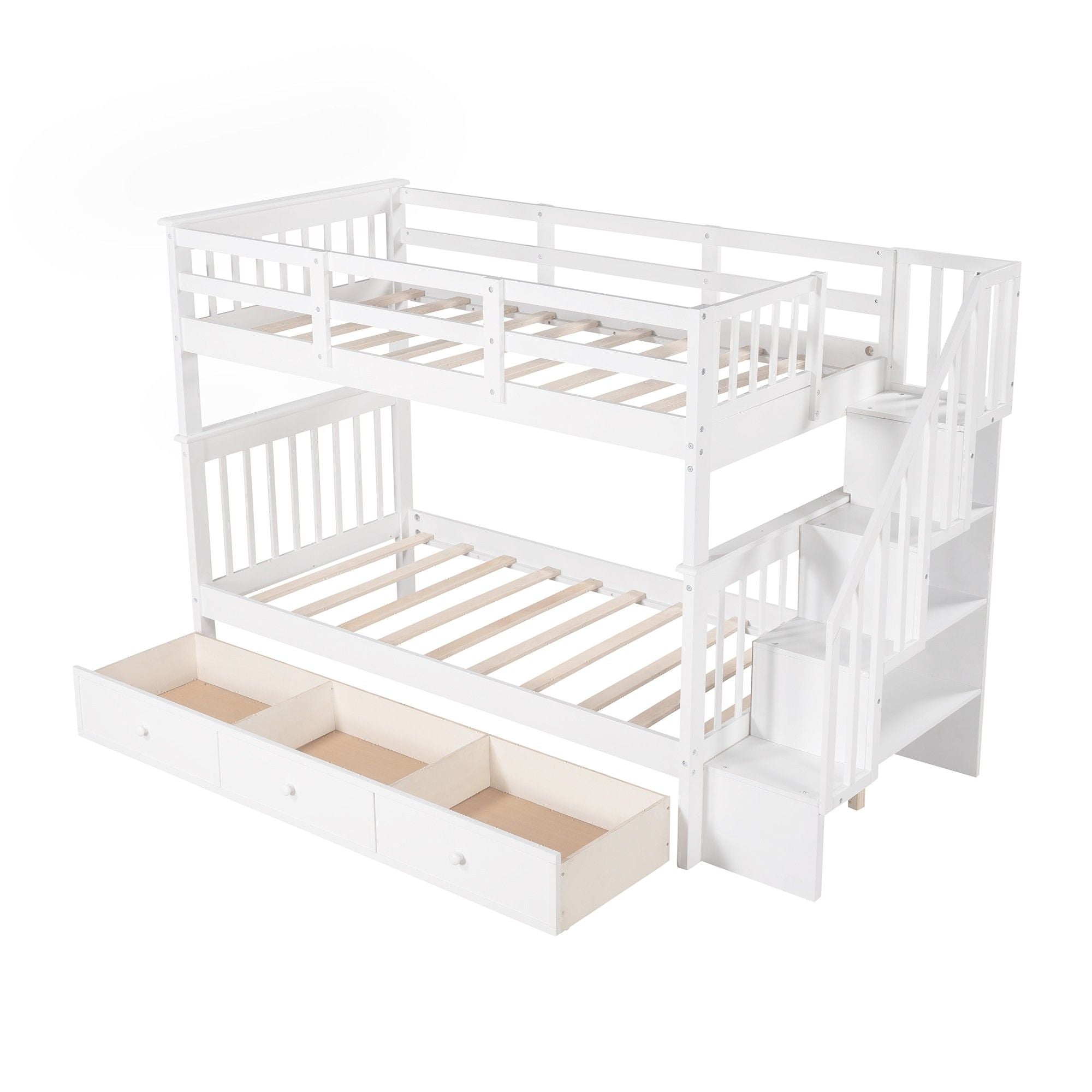 Twin Over Twin Bunk Bed with Stairway and Drawers - White