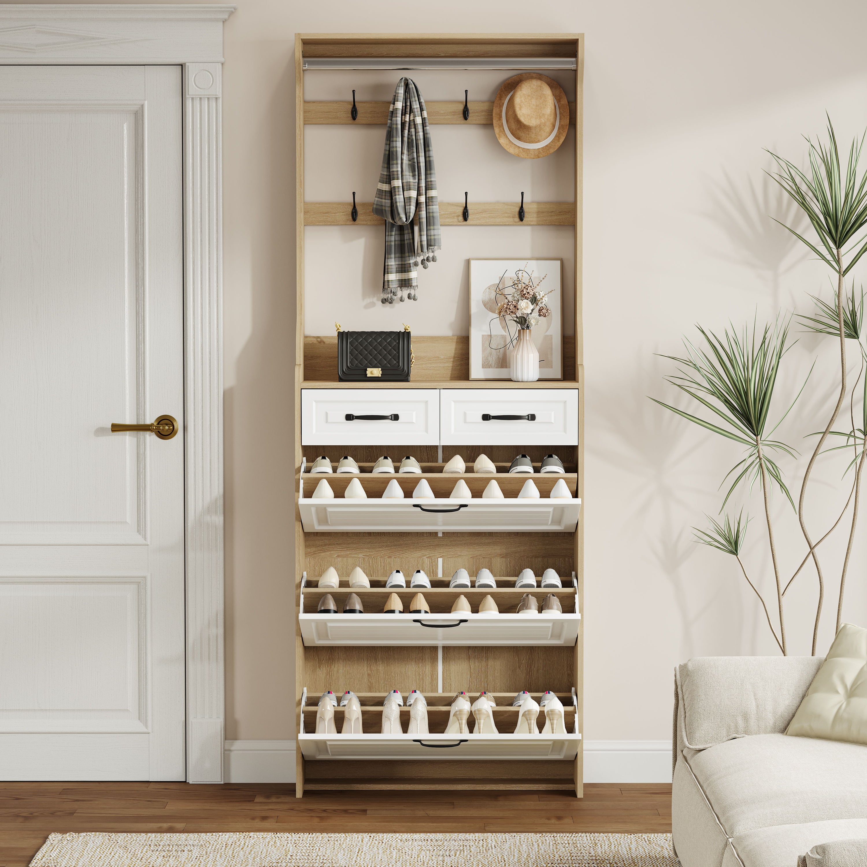 Shoe Cabinet With 3 Doors 2 Drawers With Hanger, Door With Shape, Large Space For Storage