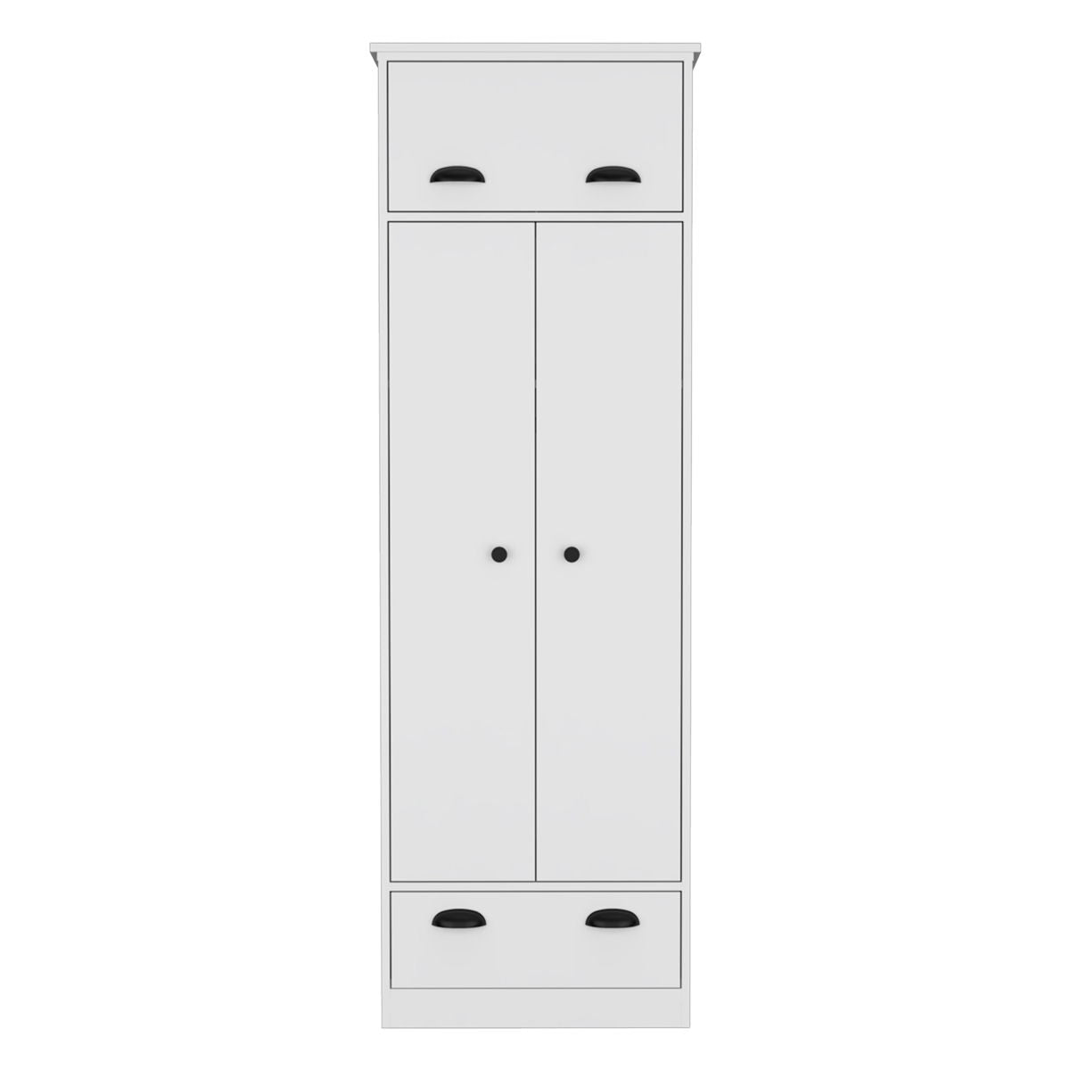 Dresser Closet With Upper Storage Covered With 1 Door, 2 Central Shelves, 1 Tube For Hanging Clothes Covered By 2 Doors, 1 Drawer At The Bottom - White