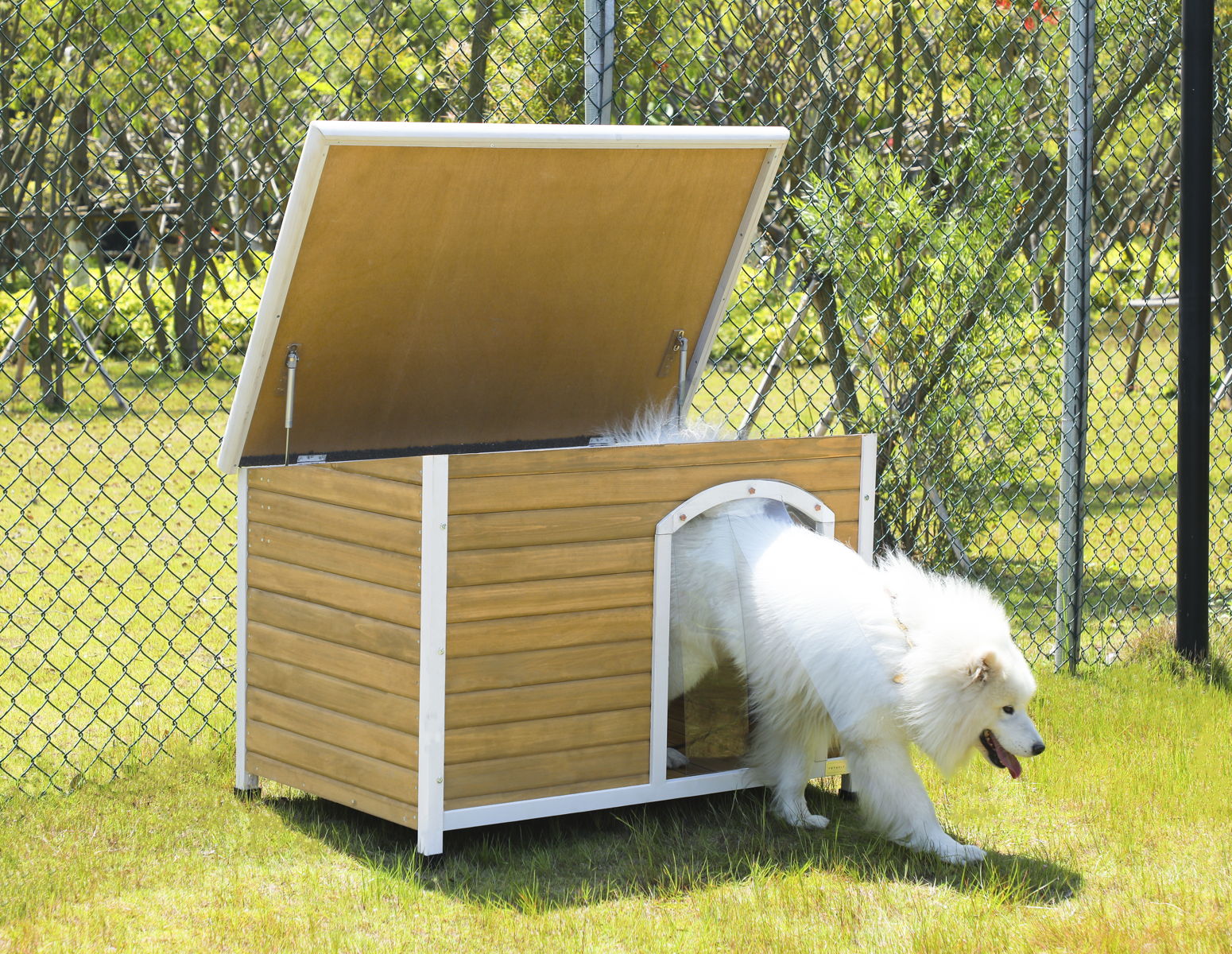 Large Wooden Outdoor Dog House, Waterproof Roof, Elevated Floor, Adjustable Plastic Feet - Yellow