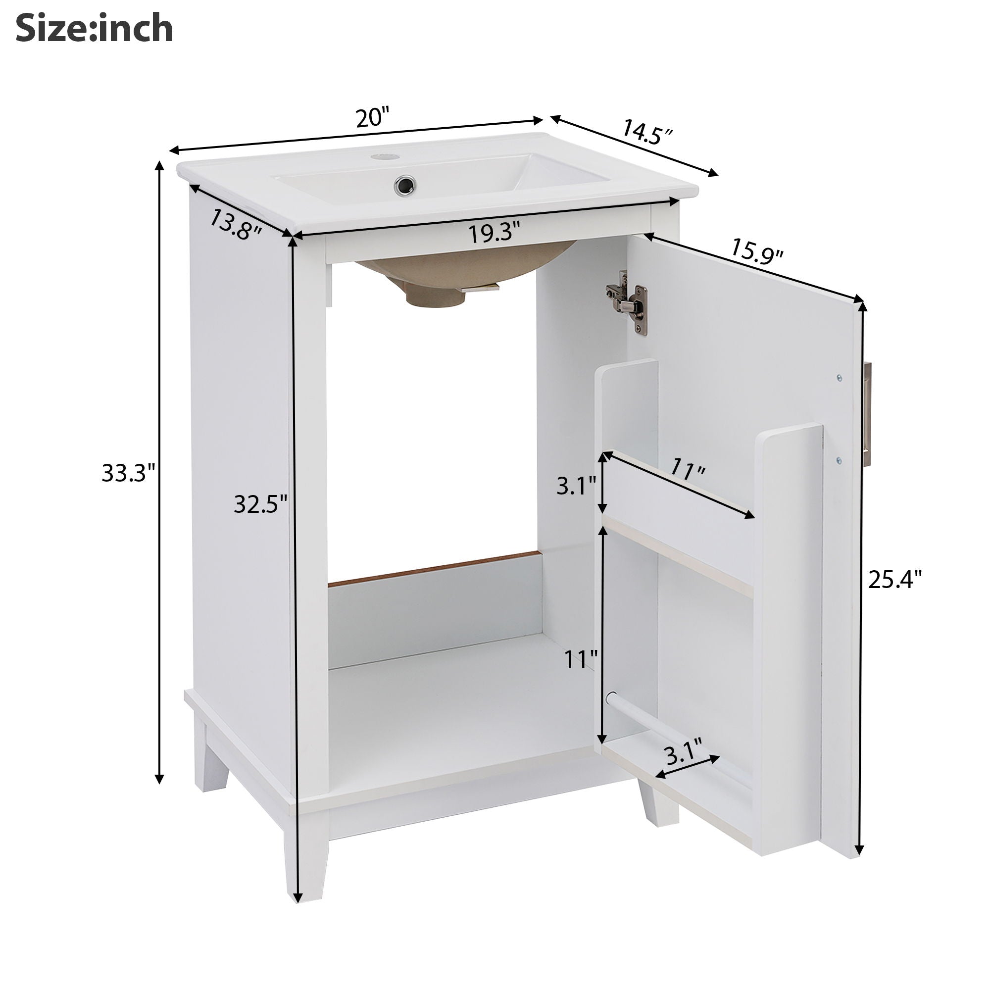 Modern Small Bathroom Vanity Cabinet With Ceramic Basin, Ample Storage, 1 Soft Close Door