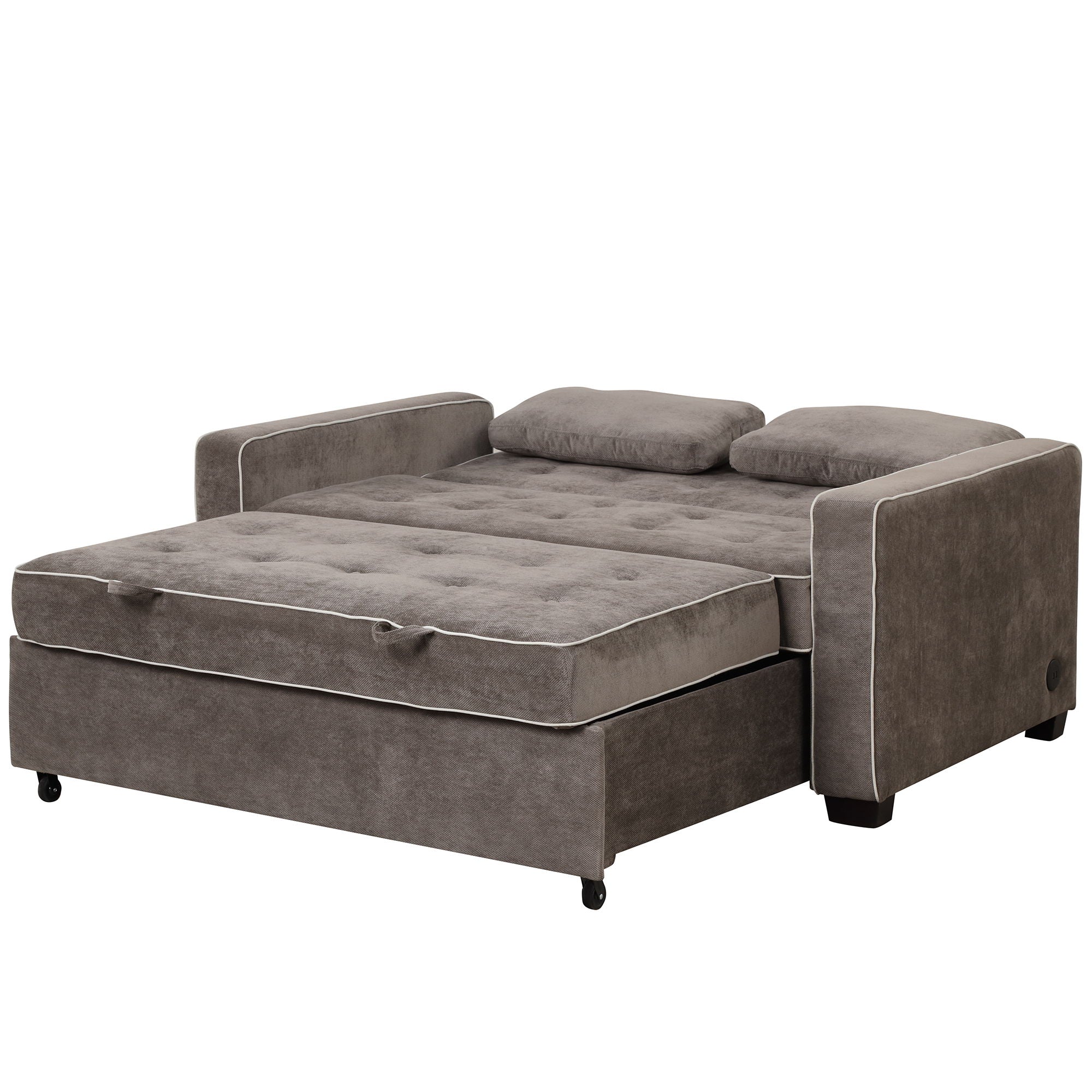 Upholstered Sleeper Bed, Pull Out Sofa Bed Couch Attached Two Throw Pillows, Dual USB Charging Port And Adjustable Backrest