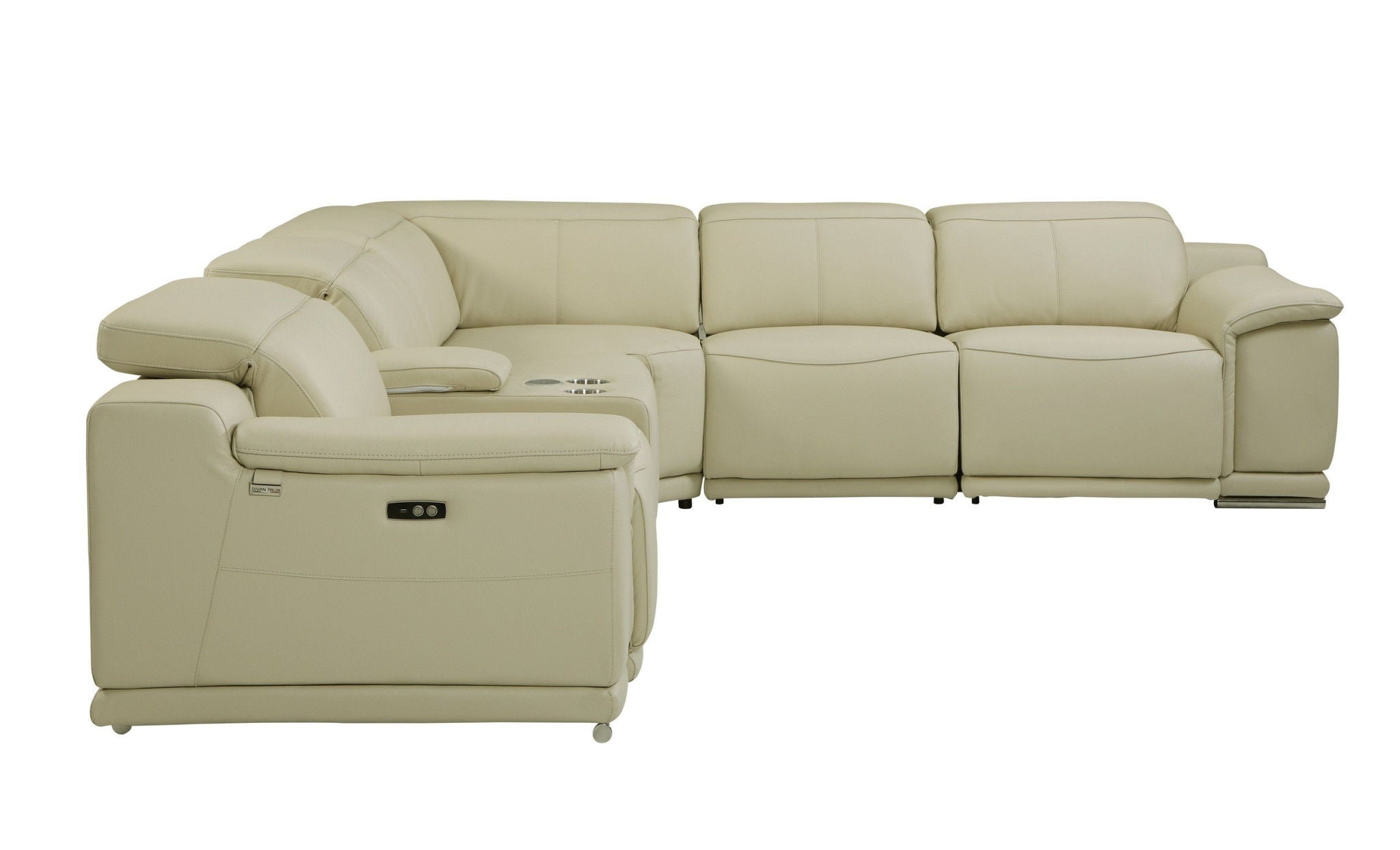 Italian Leather Power Reclining U Shaped Six Piece Corner Sectional With Console - Beige