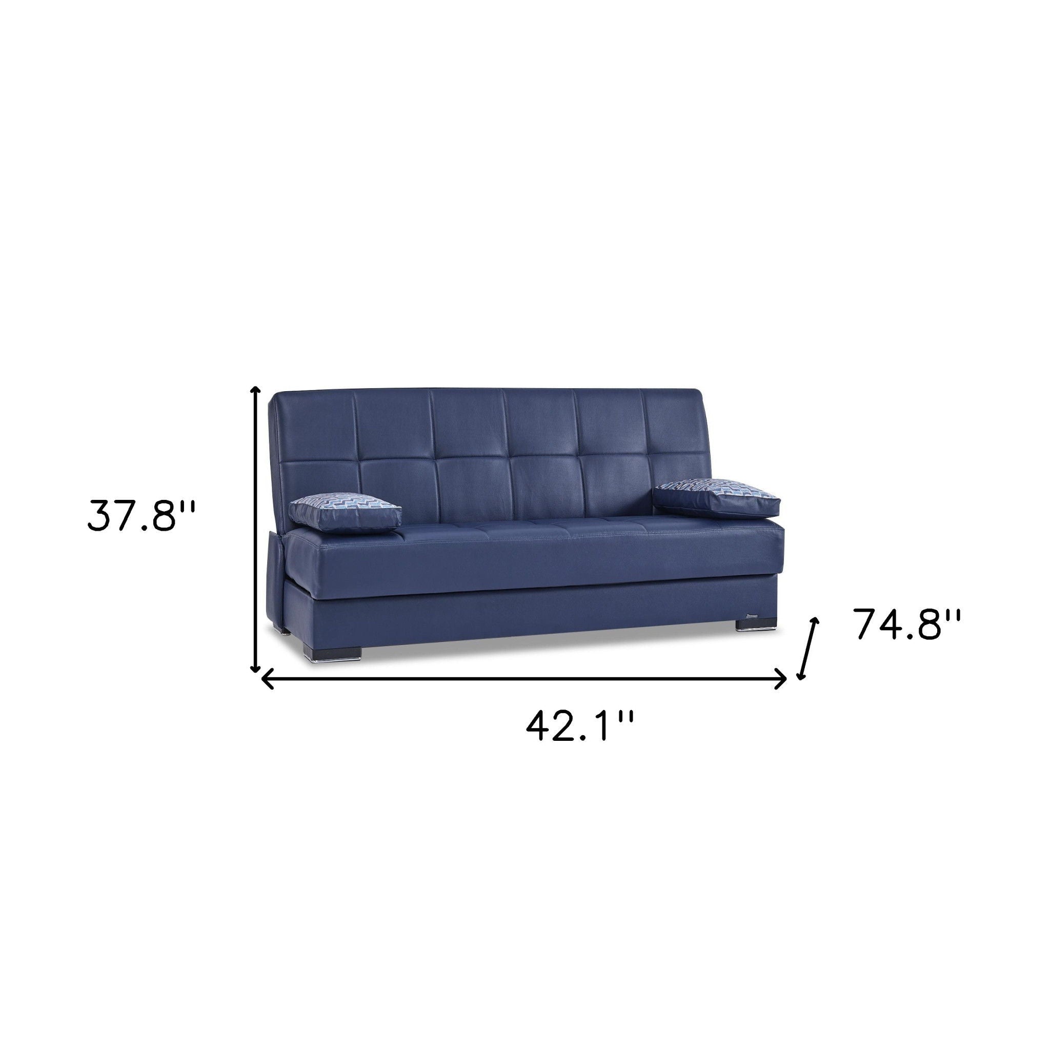 Faux Leather Convertible Futon Sleeper Sofa And Toss Pillows With Brown Legs - Blue