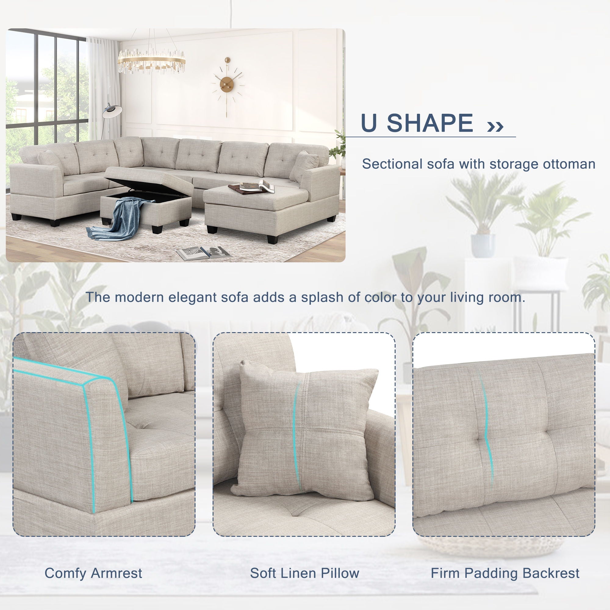 Oversized Sectional Sofa With Storage Ottoman, U-Shaped Sectional Couch With 2 Throw Pillows For Large Space Dorm Apartment