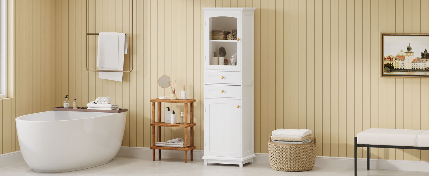 Tall Bathroom Storage Cabinet With Glass Doors, Free-Standing, Two Drawers, And Adjustable Shelves, MDF Board, Painted Perfect For Displaying Your Favorite Items