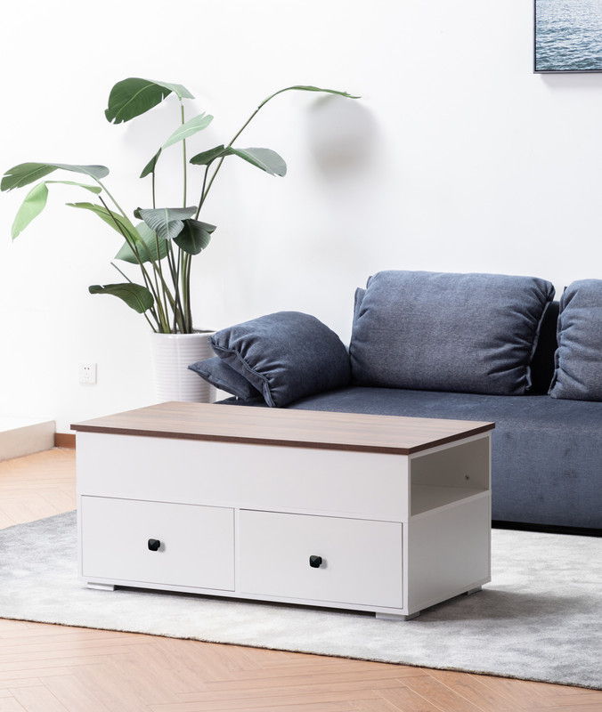 Luna - Coffee Table With Walnut Finish Lift Top, 2 Drawers, And 2 Shelves - White And Brown by Lilola Home | Bel Furniture