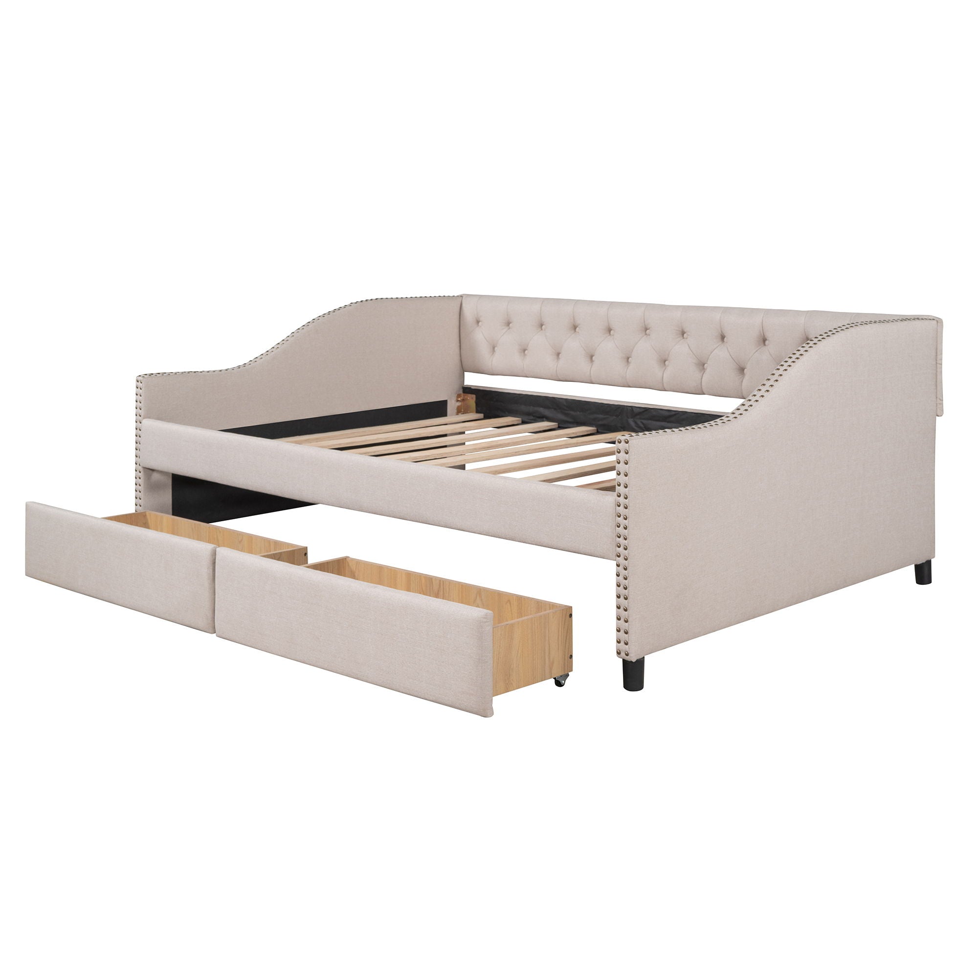 Full Size Upholstered Daybed With Two Drawers, Wood Slat Support