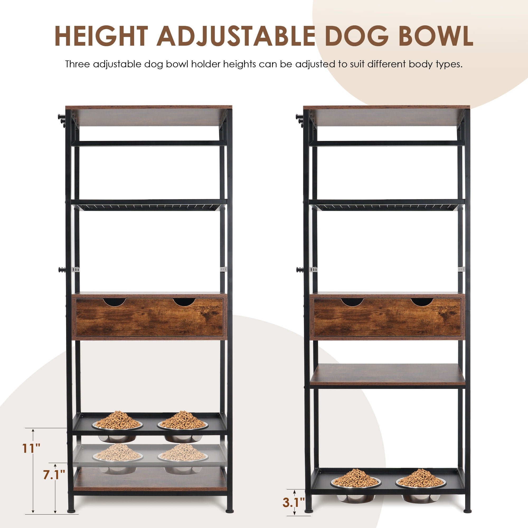 Dog Feeding Station, 3 Height Adjustable Raised Dog Bowls, Dog Feeder Station For Large Medium Dogs Cats, Dog Storage With Shelves - Black / Dark Brown