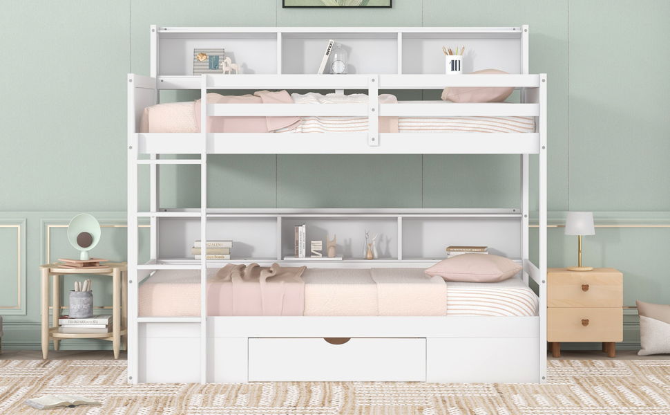 Twin Size Bunk Bed With Built-In Shelves Beside Both Upper And Down Bed And Storage Drawer