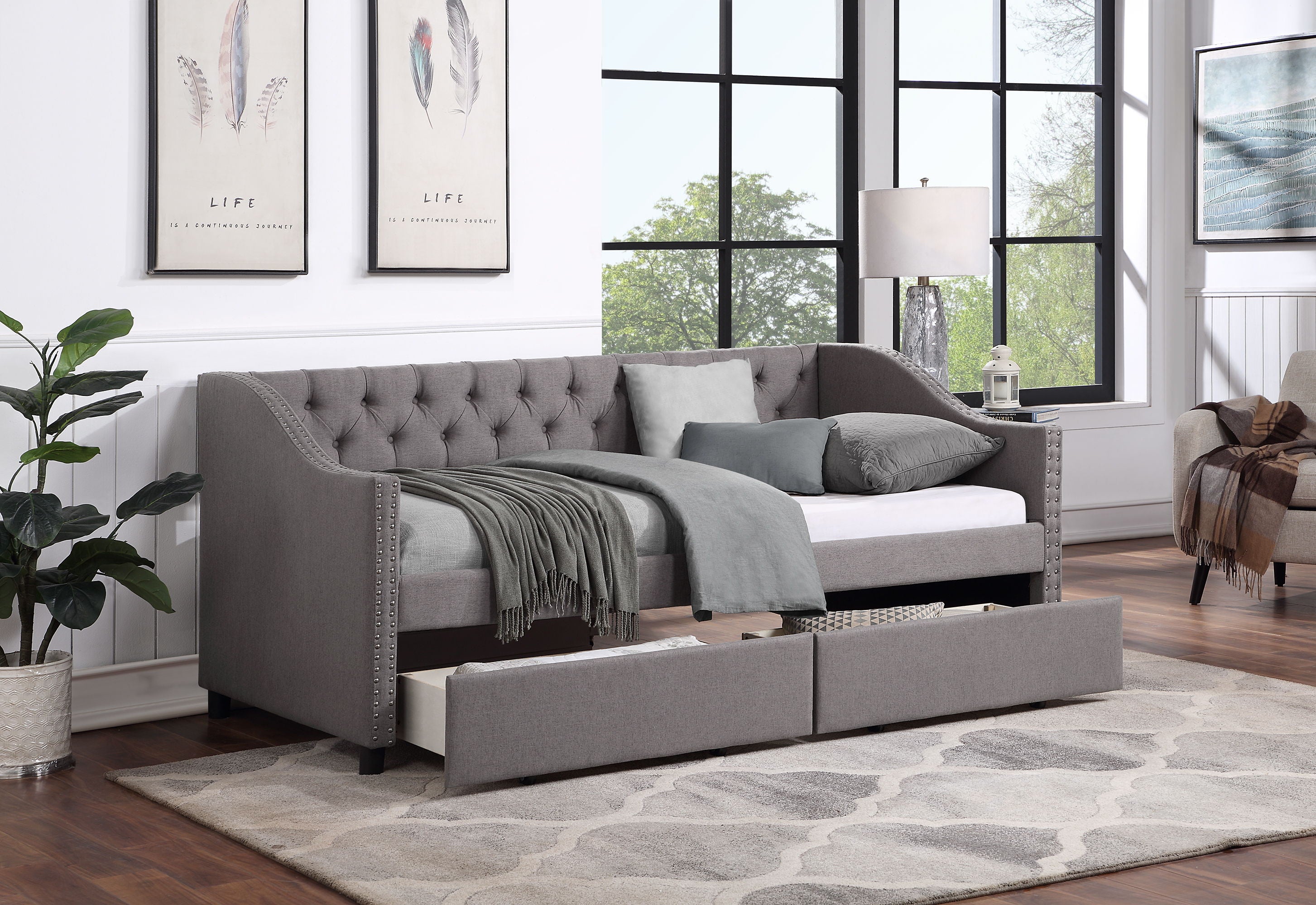 Twin Size Upholstered Daybed With Two Drawers, Wood Slat Support - Gray