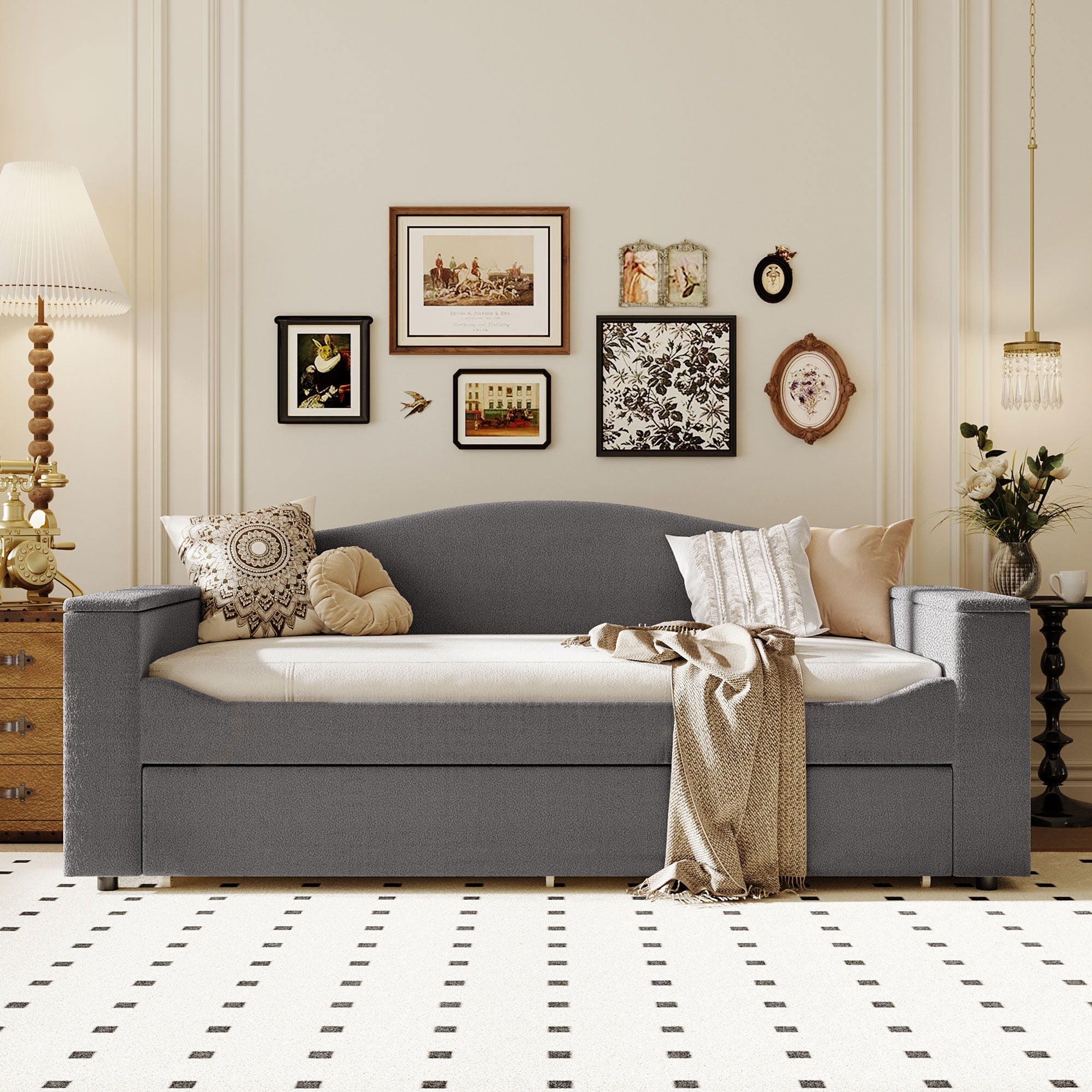 Twin Size Upholstered Daybed With Storage Armrests, Trundle And Latest Integrated Bluetooth Audio System, Teddy Fleece