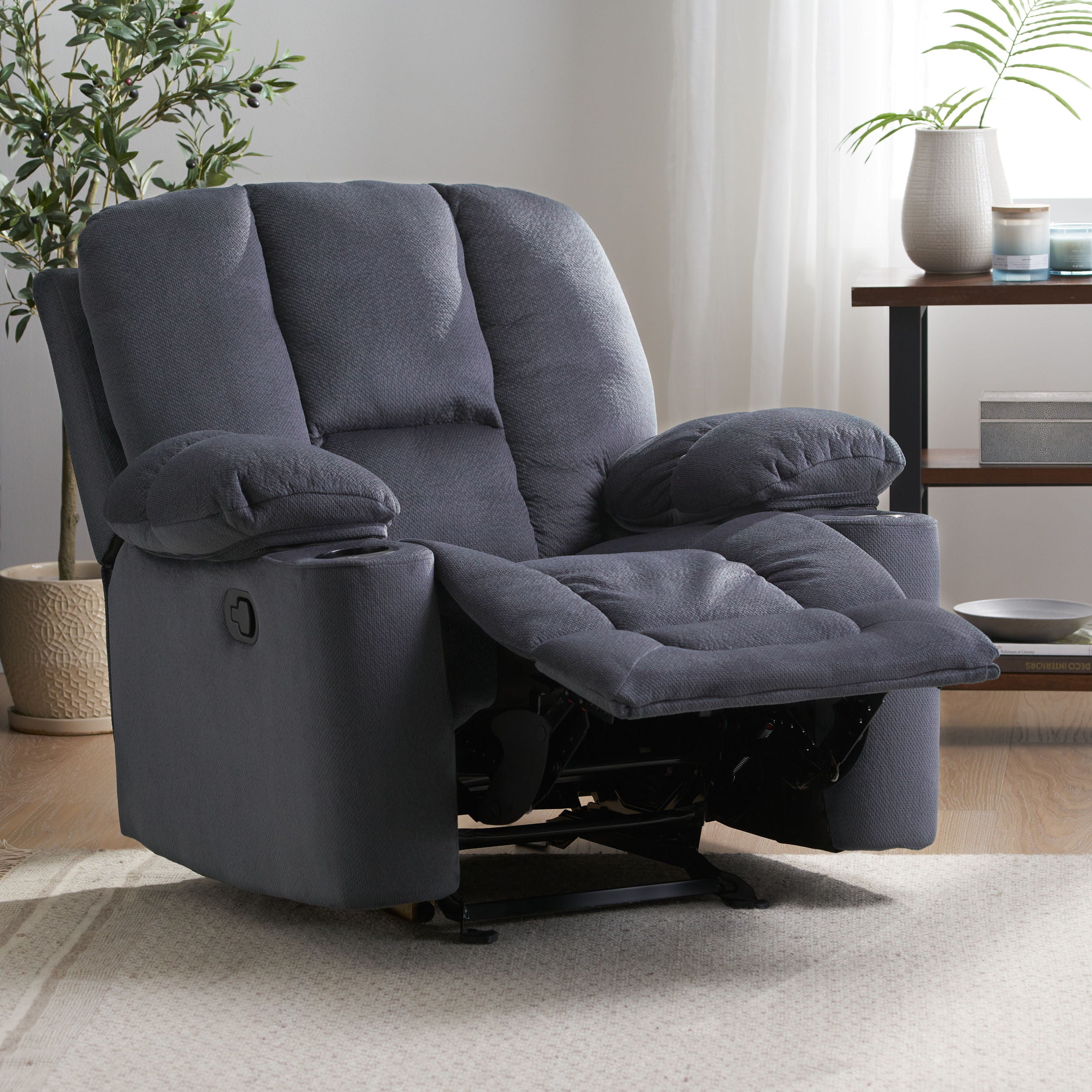 Luxurious Manual Recliner Chair With Skin-Friendly Fabric And Dual Cup Holders