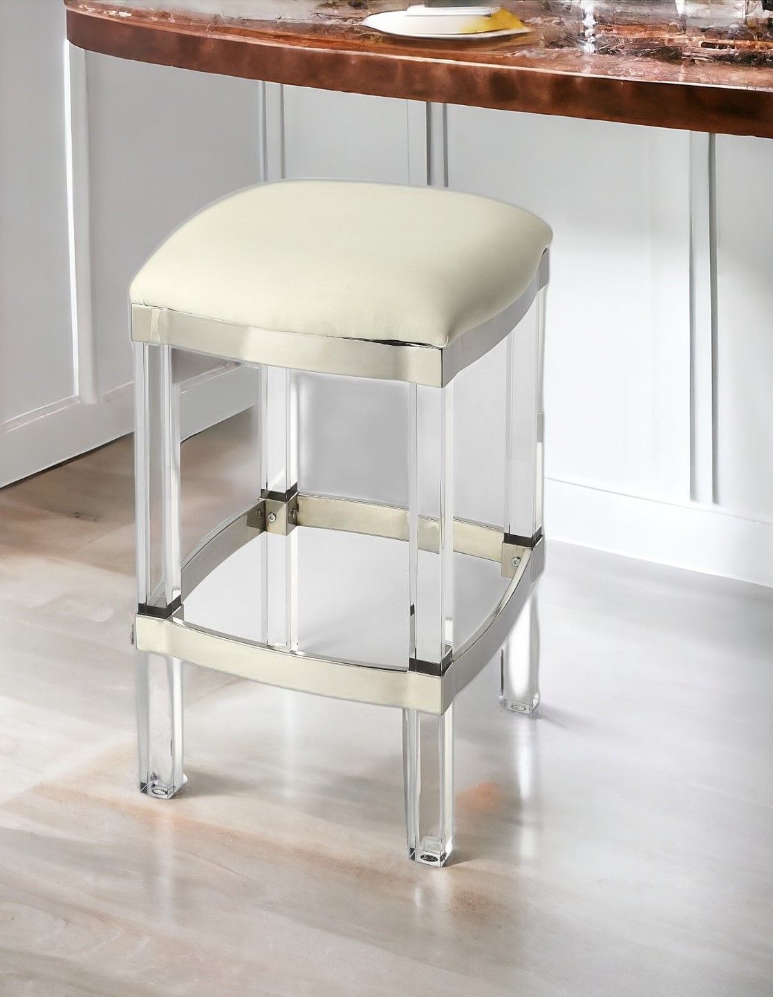 Backless Counter Height Bar Chair - White / Clear