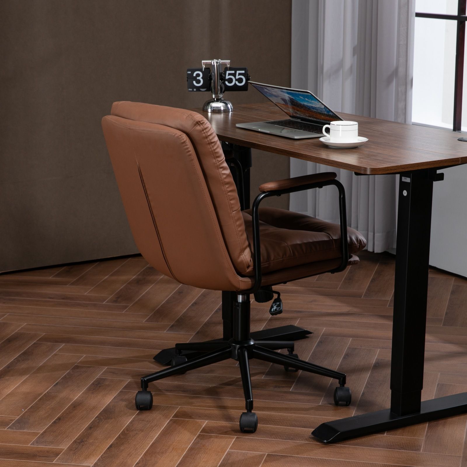 Office Chair, Mid Back Home Office Desk Task Chair With Wheels And Arms Ergonomic PU Leather Computer Rolling Swivel Chair With Padded Armrest