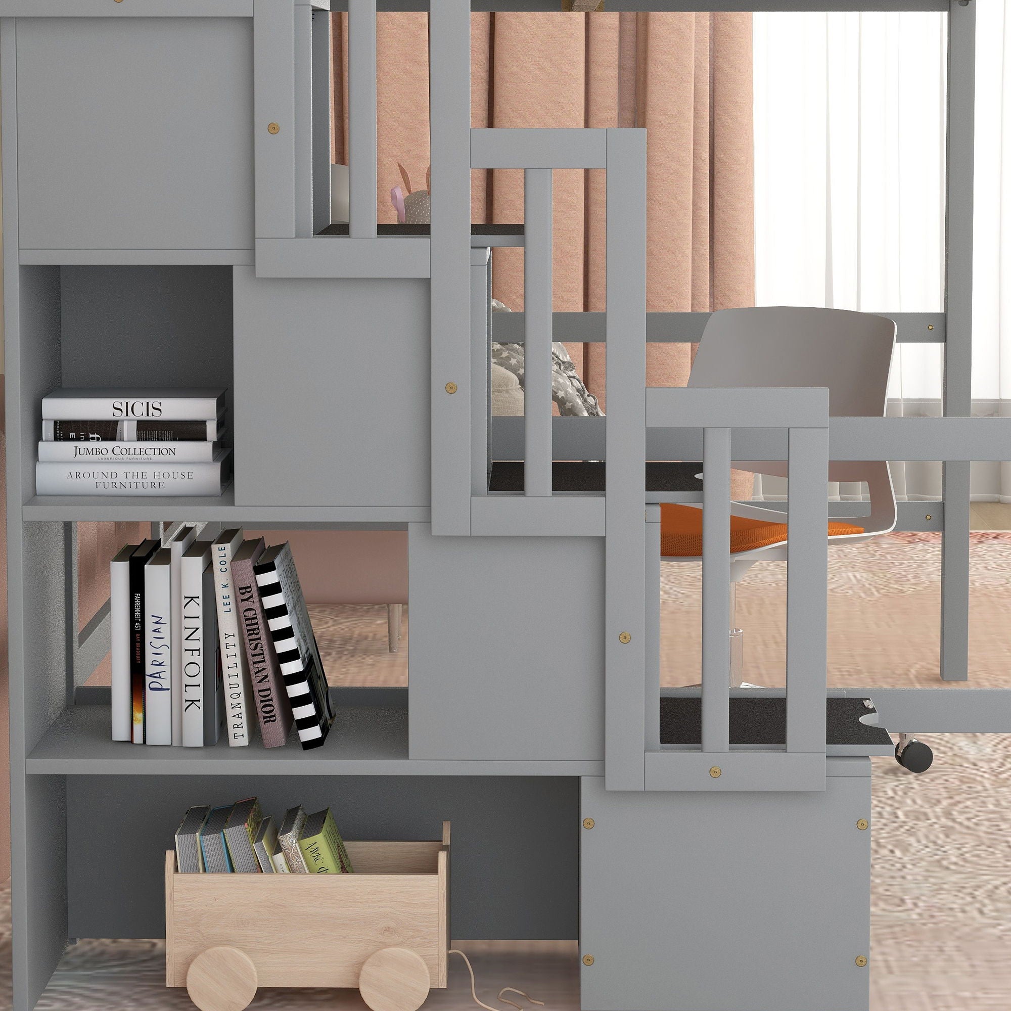 High Loft Bed With Built-In Desk, Ladder Platform, Ladders, Guardrails