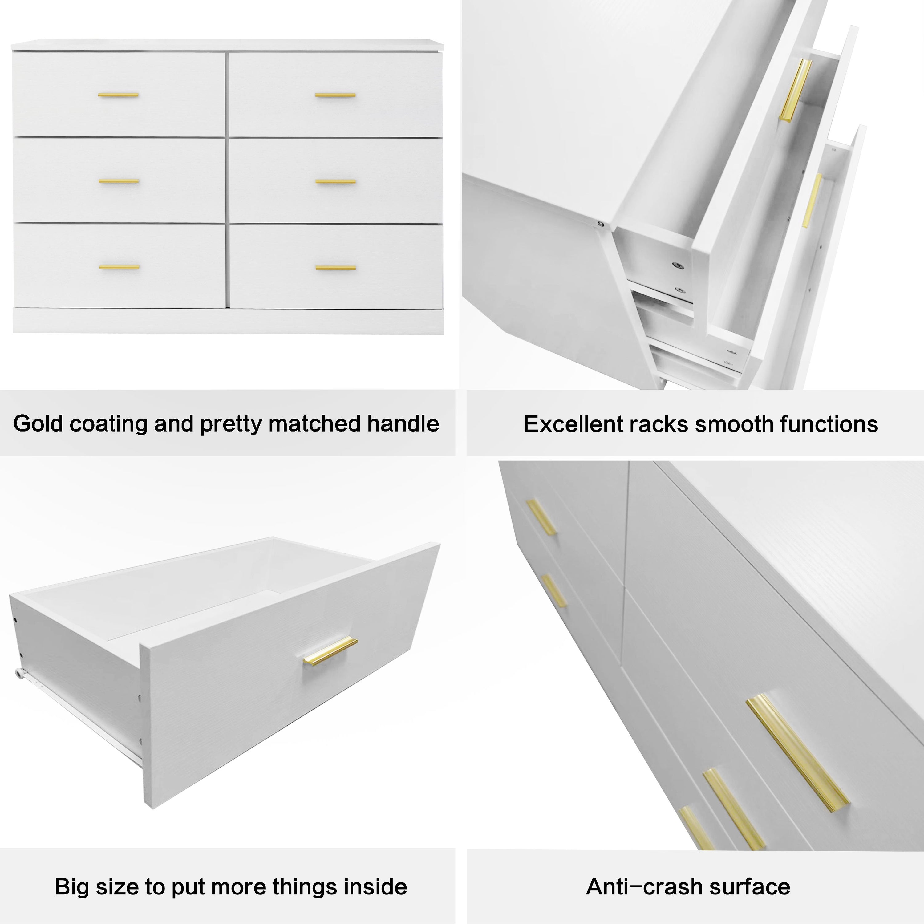 Modern White 6 Drawer Dresser For Bedroom, Ample Storage Wide Chest Of Drawers, Sturdy & Safe