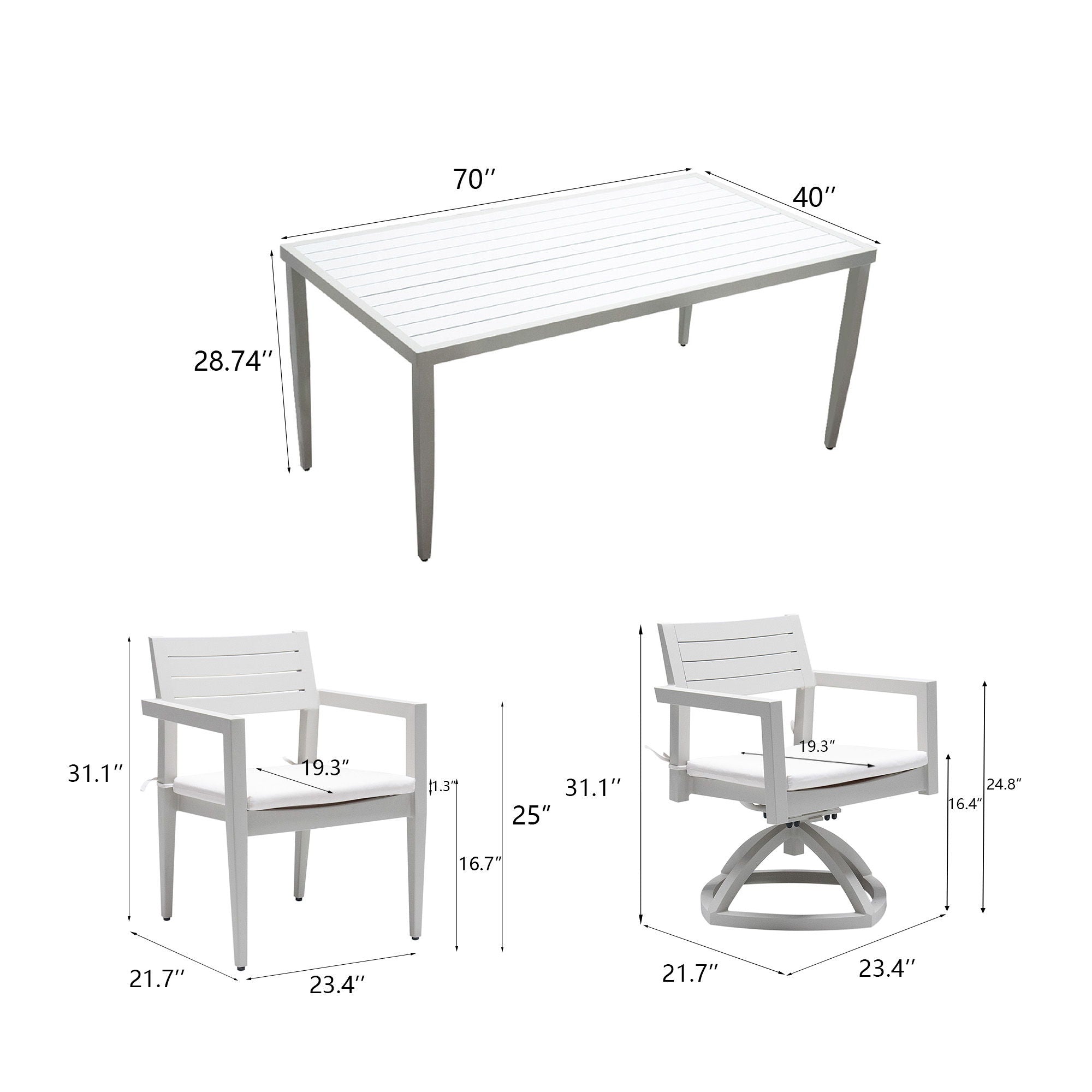 7 Piece Dining Set Modern Outdoor Patio Furniture, Including 4 Dining Chairs & 2 Swivel Rockers Sunbrella Fabric Cushioned And Rectangle Dining Table With Umbrella Hole