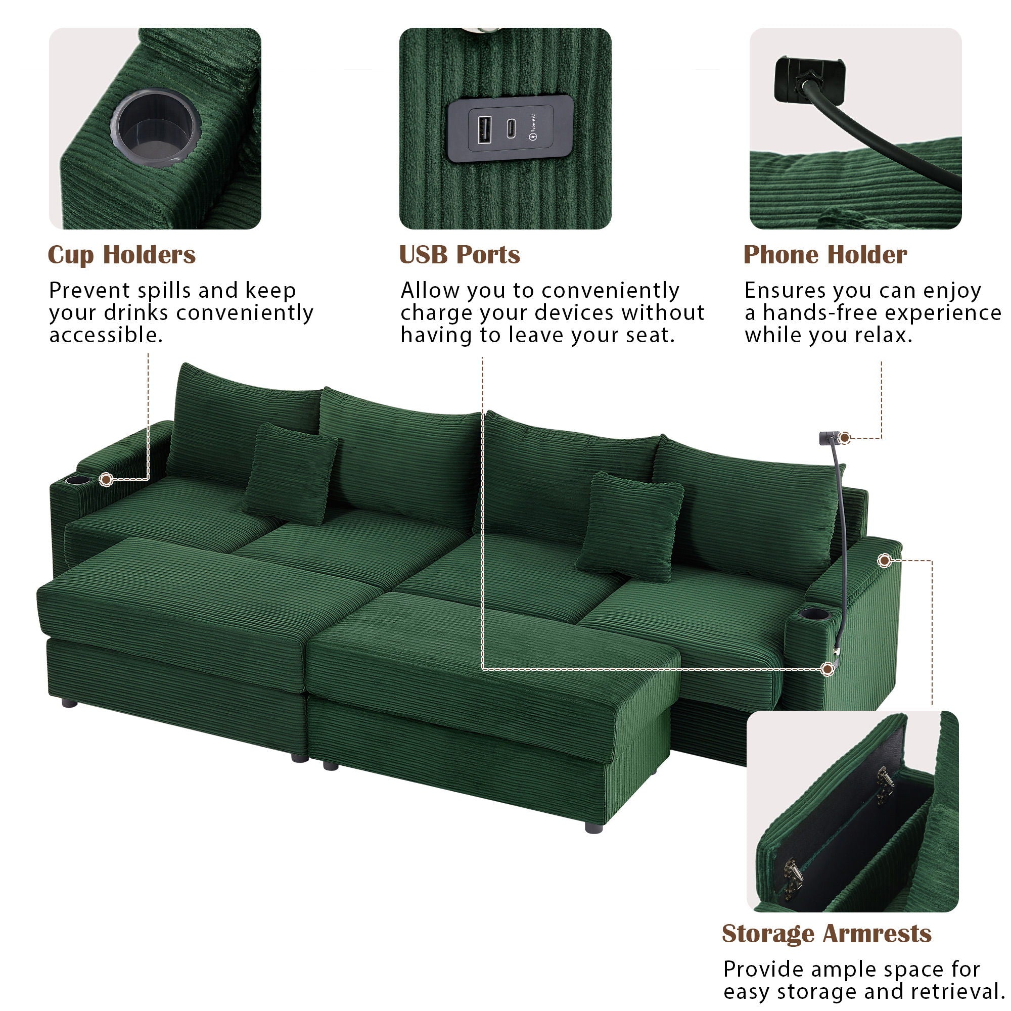 Modern Style Loveseat Sofa Sectional Sofa Couch With Storage Space, A Movable Ottoman, Two USB Ports, Two Cup Holders, A Phone Holder For Living Room