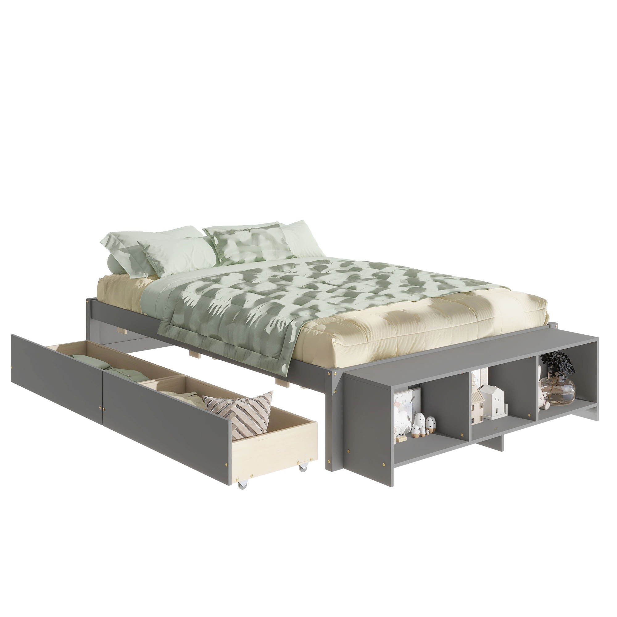 Bed With Storage Case, 2 Storage Drawers, Lengthwise Support Slat