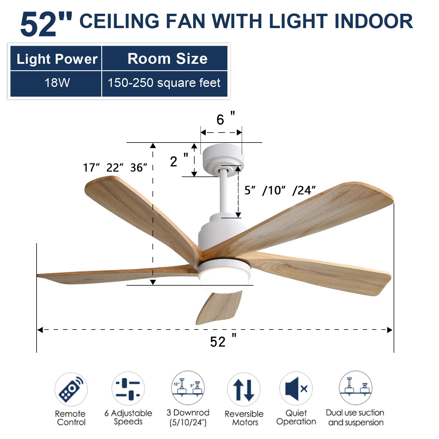 Indoor Ceiling Fan With Dimmable Led Light 5 Solid Wood Blades Remote Control Reversible Dc Motor With Smart App Control - White