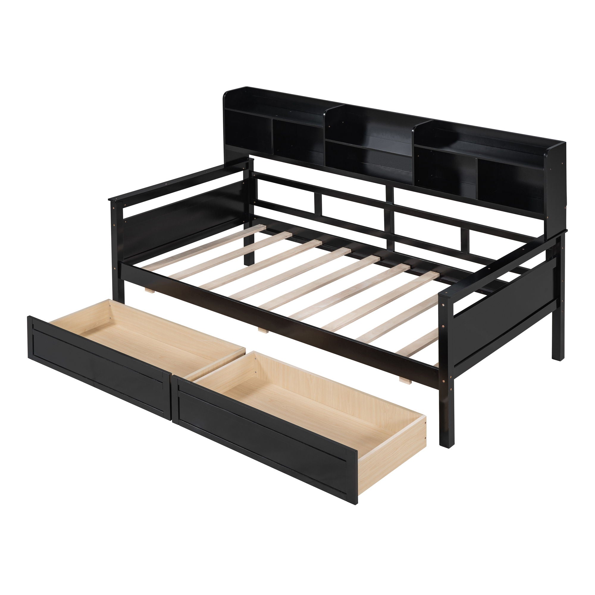 Daybed, Wood Slat Support, With Bedside Shelves And Two Drawers