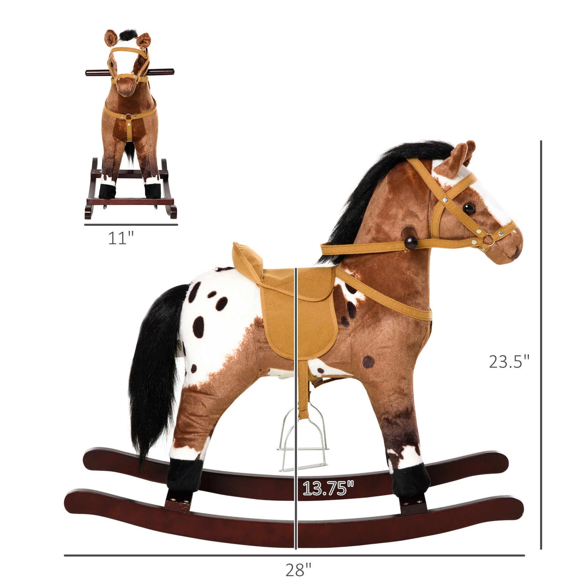 Qaba - Kids Metal Plush Ride-On Rocking Horse Chair Toy With Realistic Sounds - Dark Brown / White