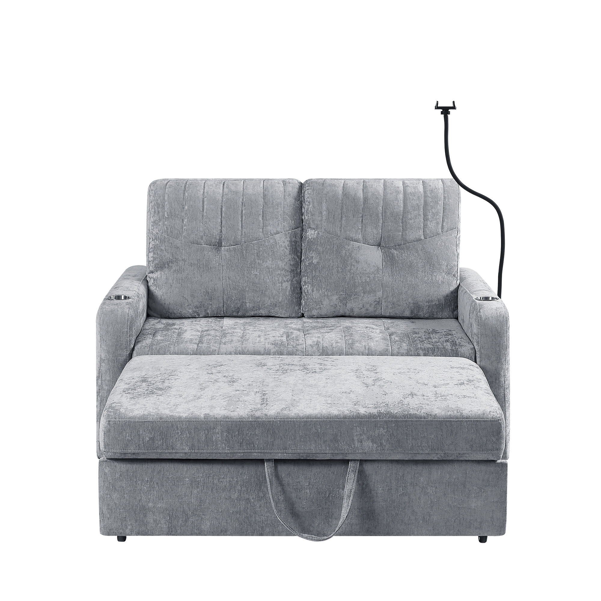 Modern Loveseat Pull Out Sofa Bed With Adjustable Backrest, Two Cup Holders, A Phone Holder, Three Charging Ports And Side Storage Pockets For Living Room