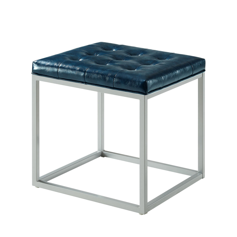 Faux Leather Cube Ottoman - Blue / Gray