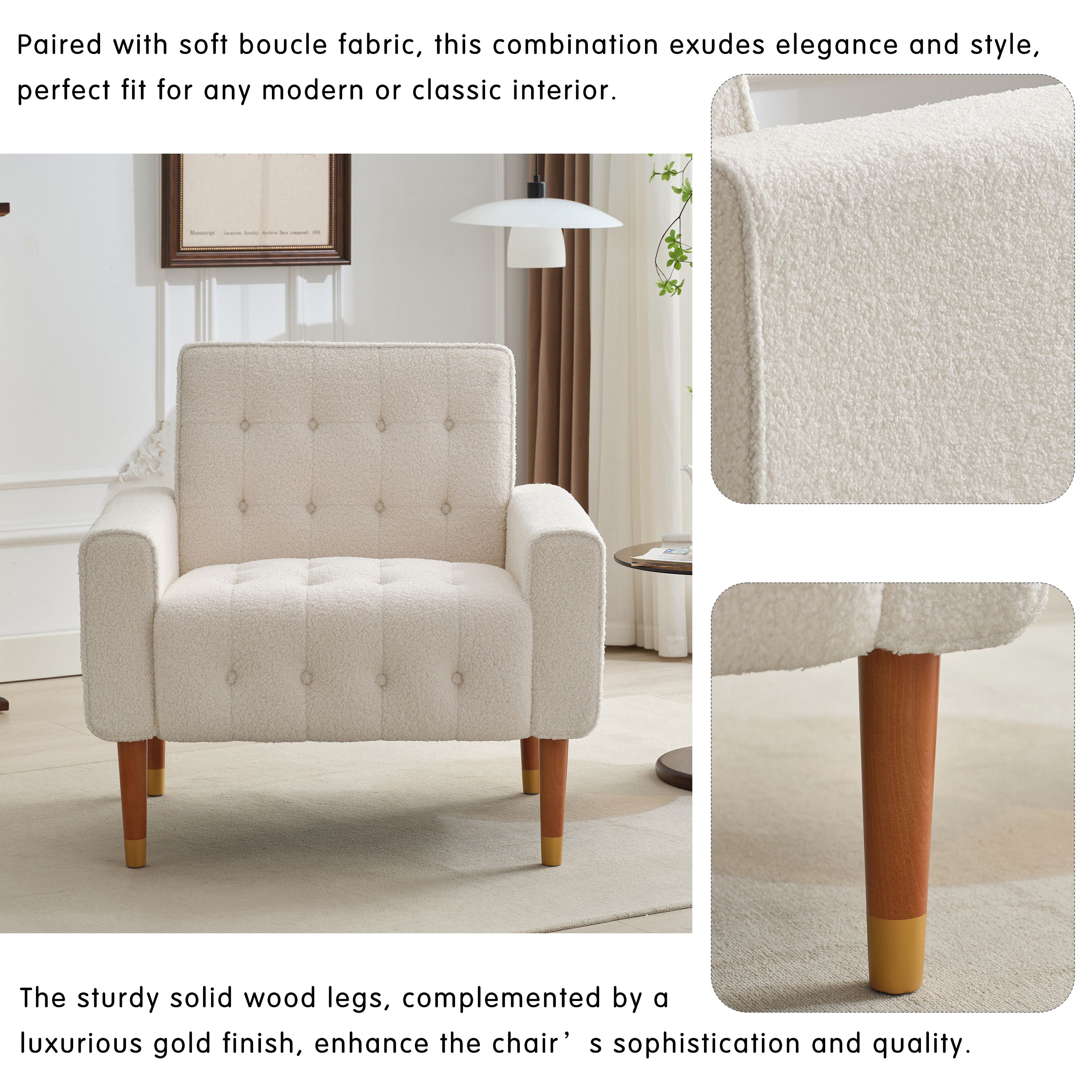 Classic Biscuit Style Accent Chair Comfortable Armrests, Soft Fabric, Elegant Solid Wood Legs With Gold Finish - Beige