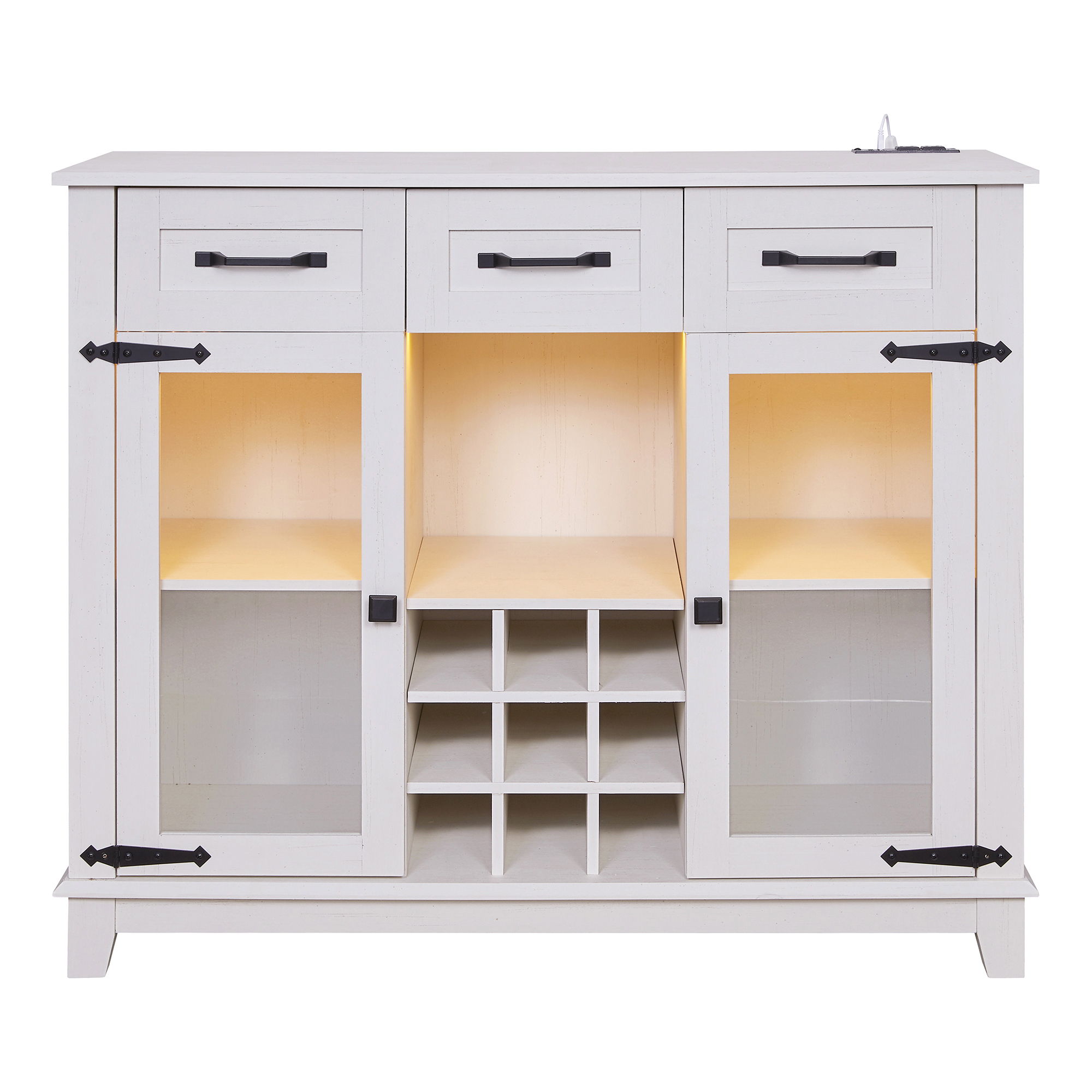 Modern Farmhouse Sideboard Buffet Coffee Bar Cabinet Storage Cabinet With LED Charging Station, Wine & Glass Rack, 3 Drawers, For Kitchen, Dining Room, Living Room - Antique White