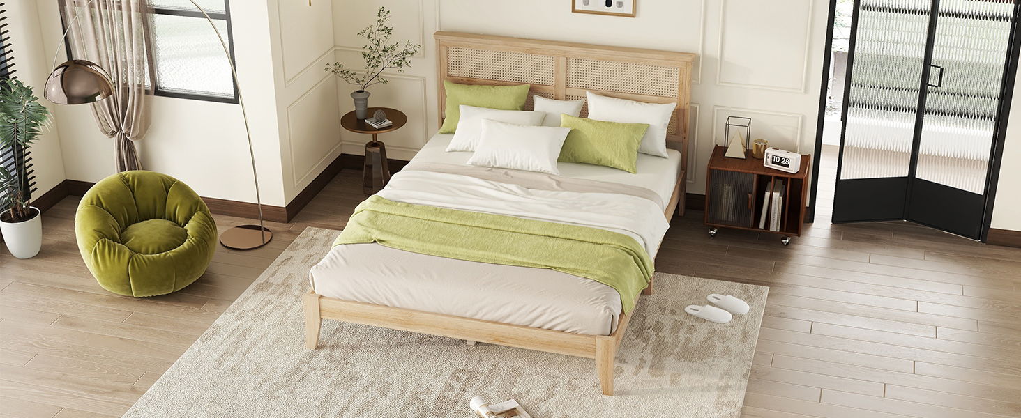 Queen Size Rubber Wooden, Solid Wooden Bed With Rattan Headboard, Enhanced By Support Feet - Natural