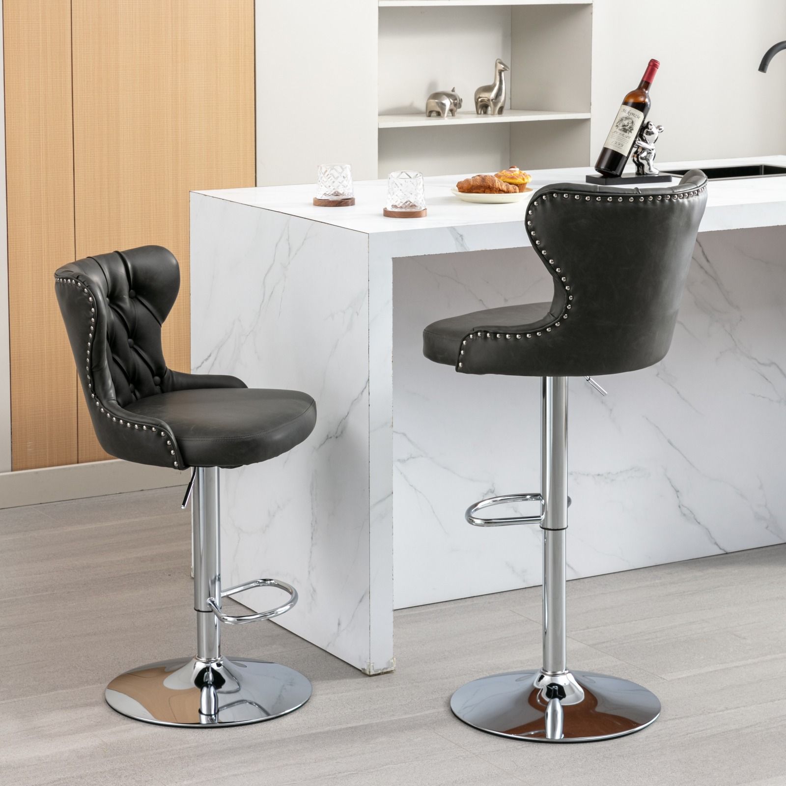 Swivel Barstools Adjusatble Seat Height From 25-33", Modern Upholstered Chrome Base Bar Stools With Backs Comfortable Tufted For Home Pub And Kitchen Island