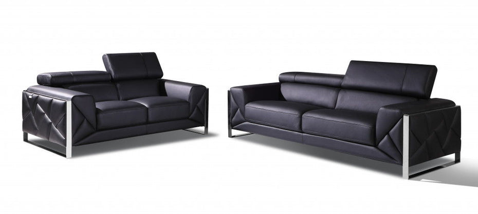 2 Piece Five Person Italian Leather Indoor Seating Set - Black