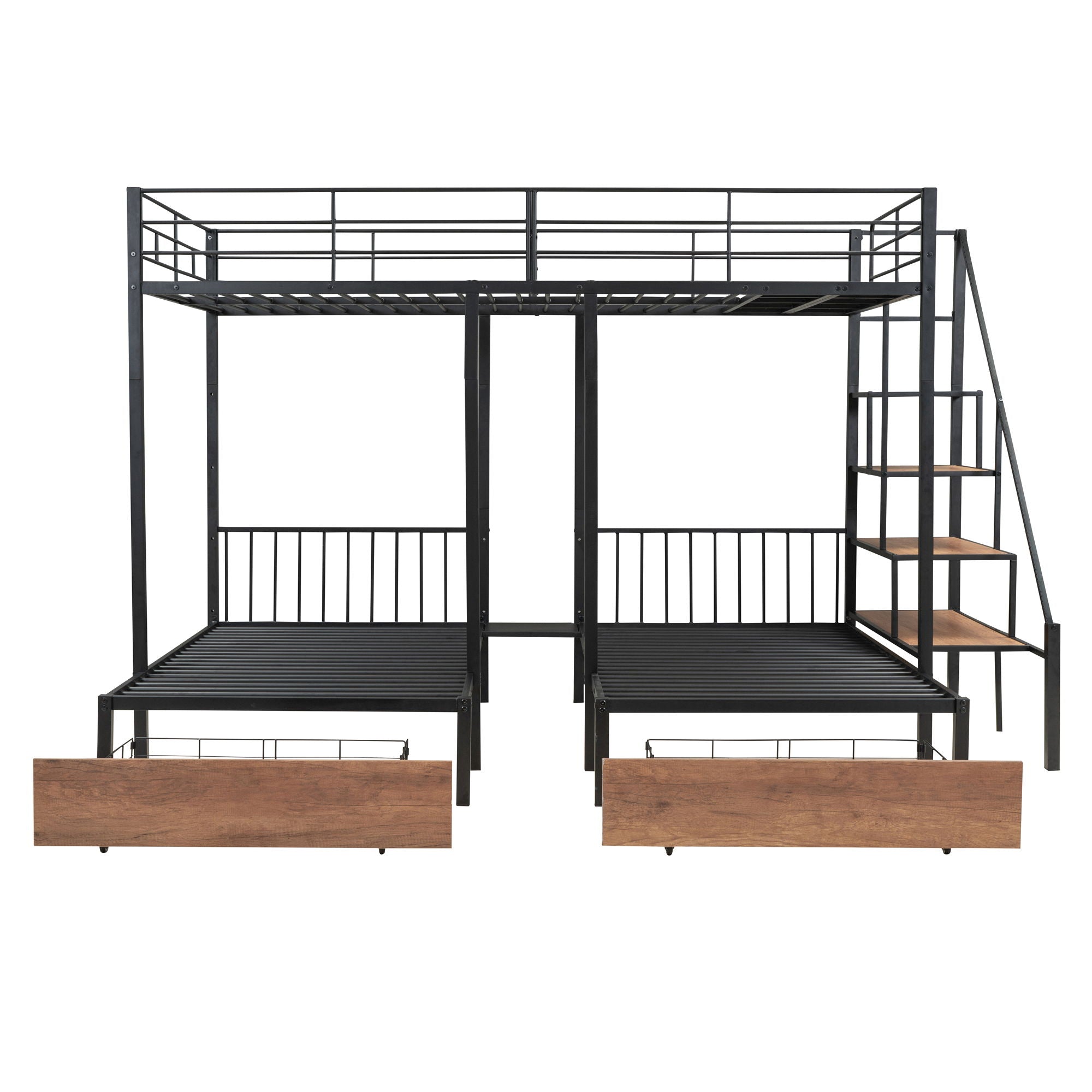 Full Over Twin-Twin Triple Bunk Bed With Drawers And Staircase - Black