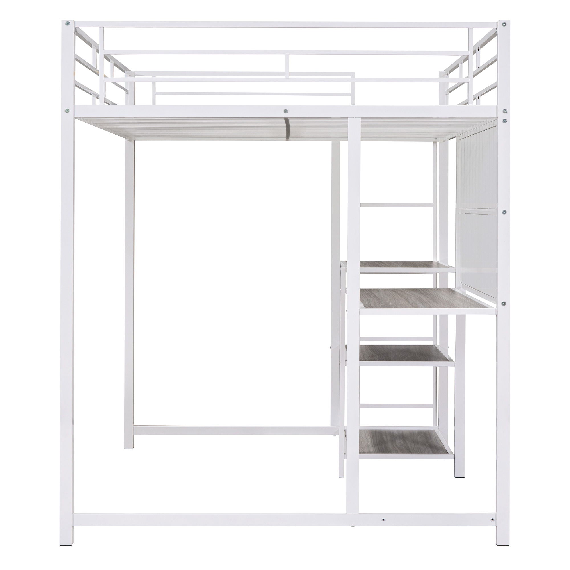 Loft Bed With Desk And Whiteboard, Metal Loft Bed With 3 Shelves And Ladder