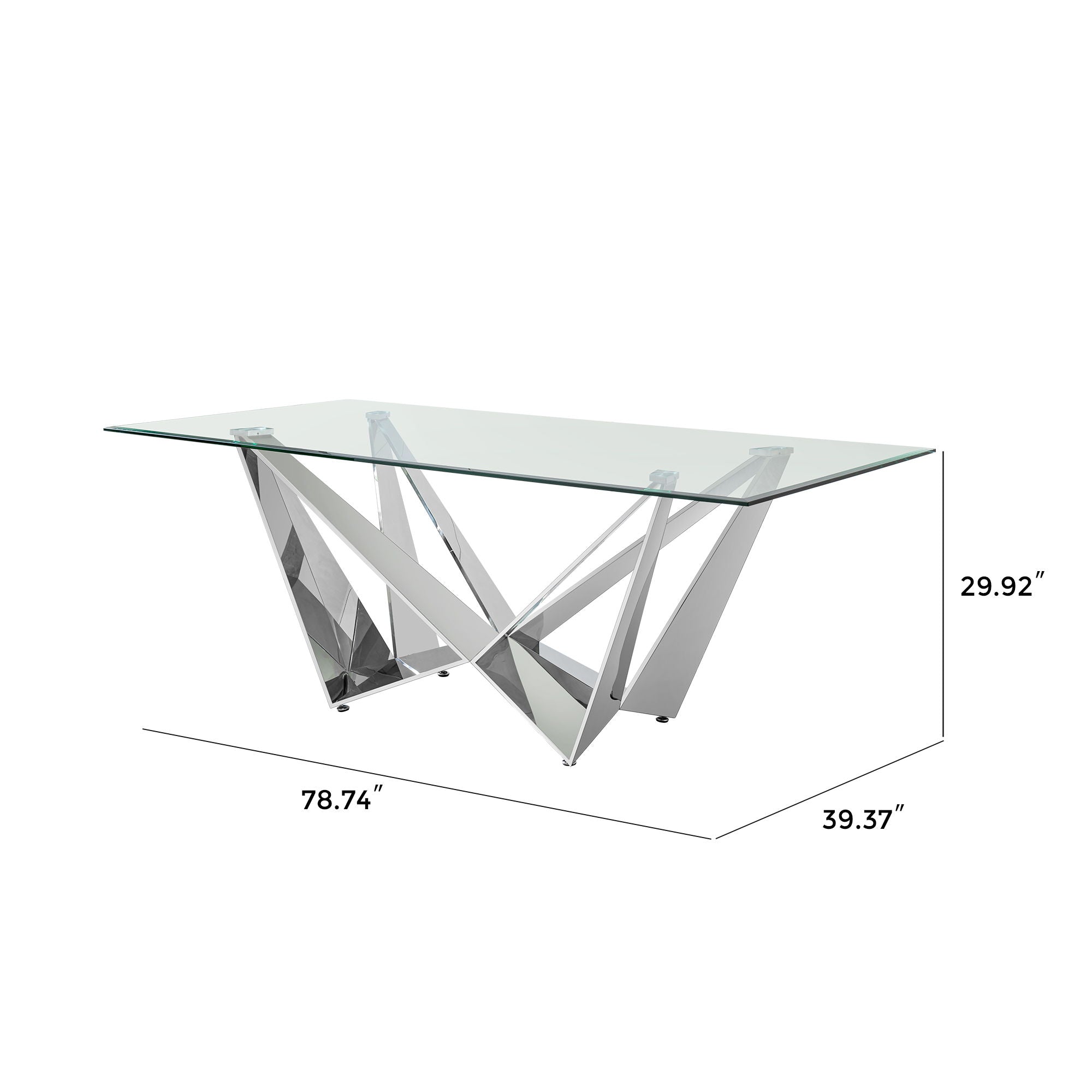 Clear Glass With Polished Stainless Steel Base Dining Table - Silver