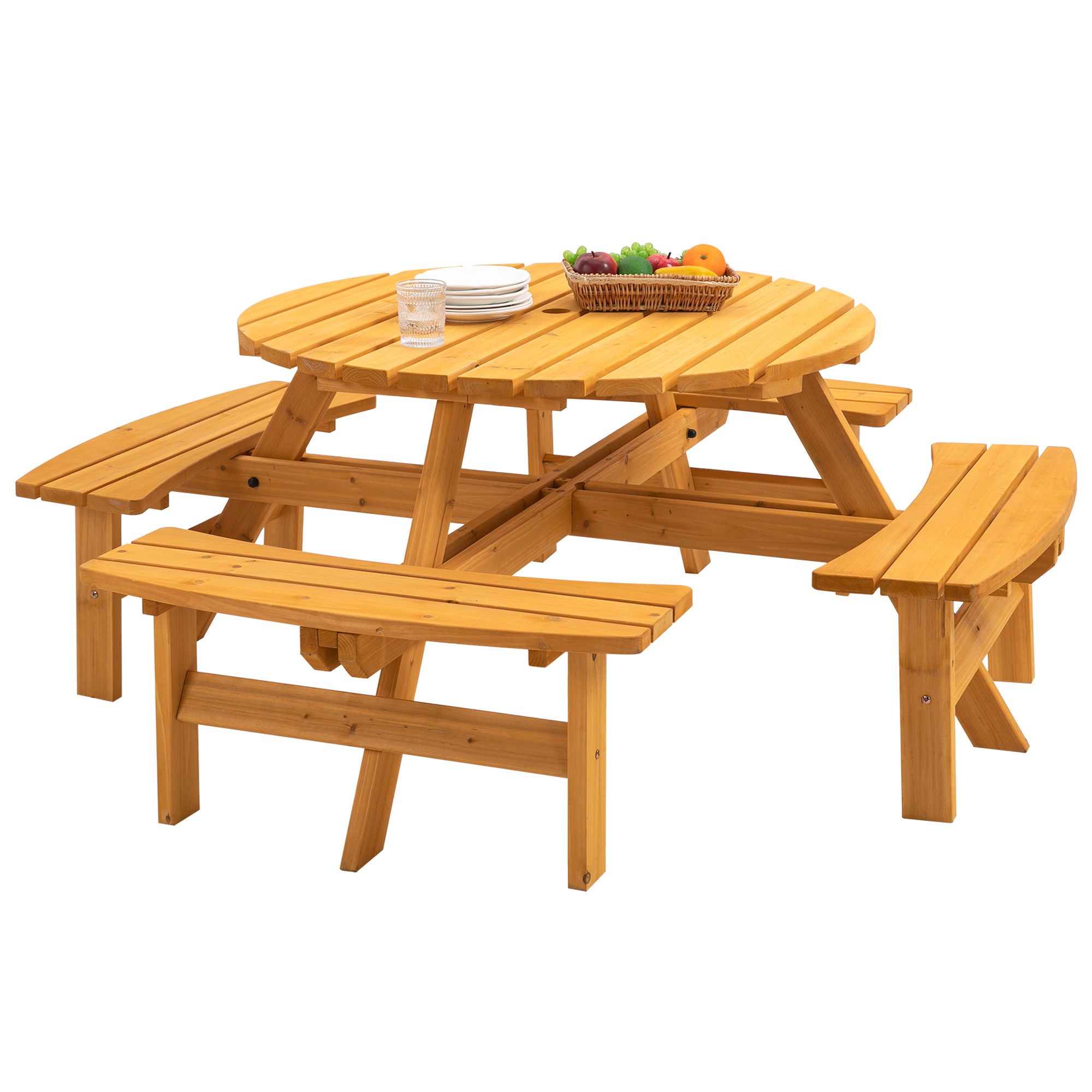 8 Person Wooden Picnic Table, Outdoor Camping Dining Table With Seat, Garden, Diy With 4 Built-In Benches, 2220Lb Capacity