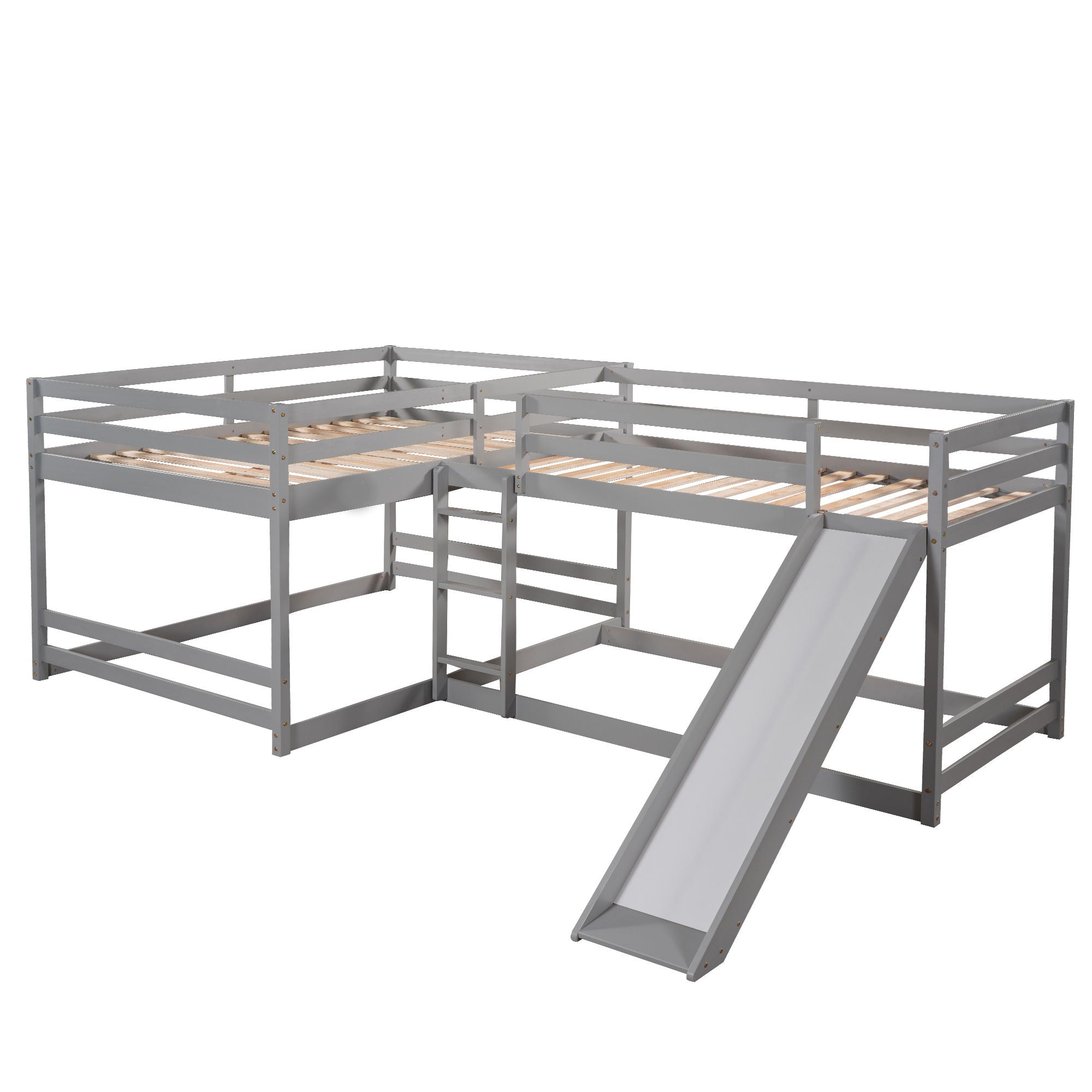 L-Shaped Bunk Bed With Slide And Short Ladder