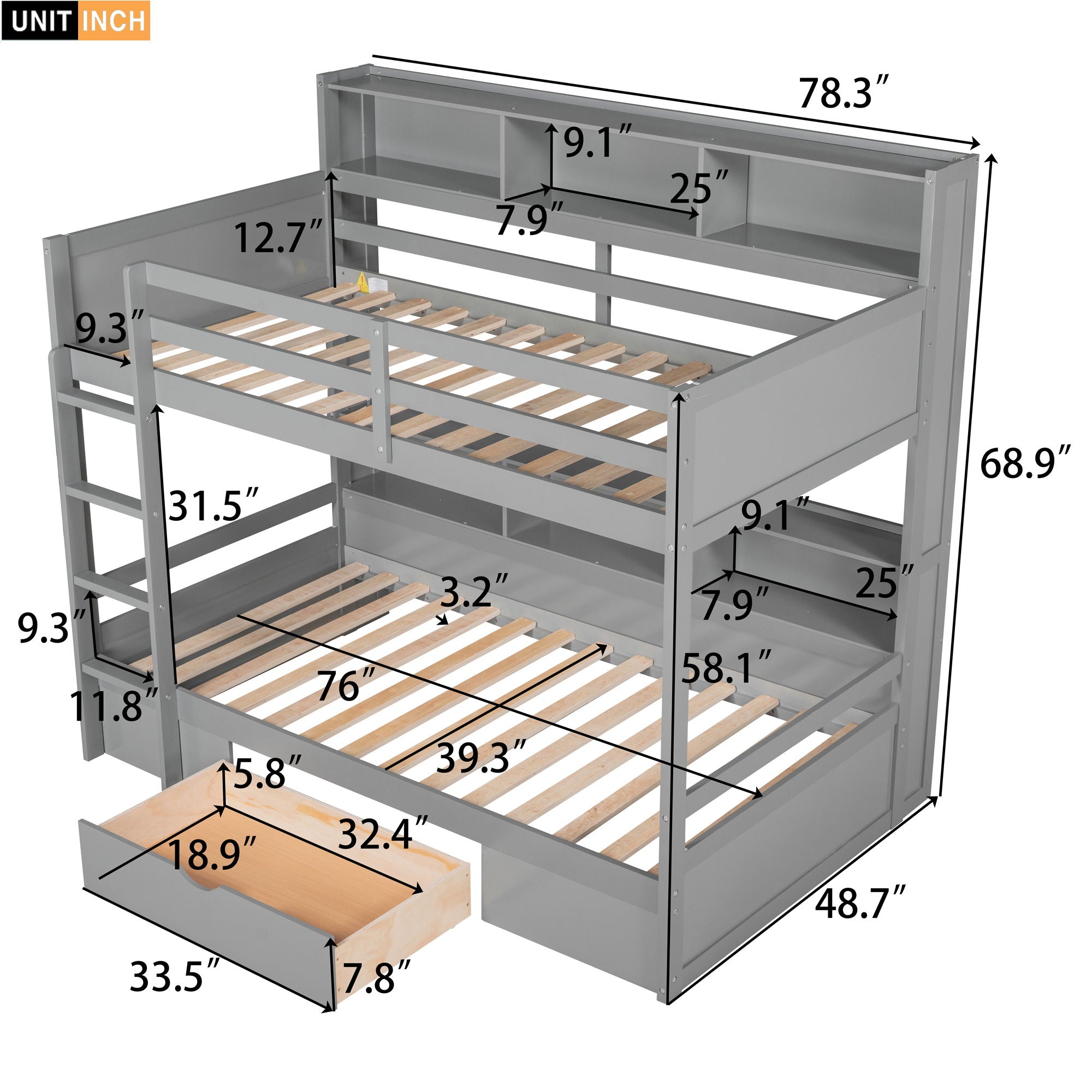 Twin Size Bunk Bed With Built-In Shelves Beside Both Upper And Down Bed And Storage Drawer