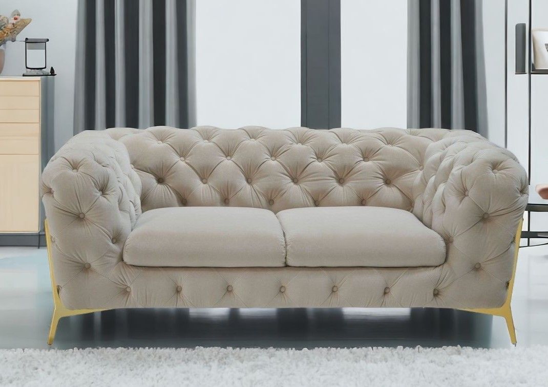 Velvet Chesterfield Loveseat - Beige / Gold